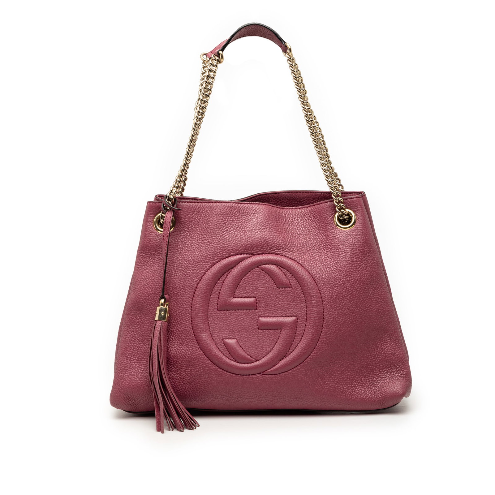 Gucci Soho Medium Pink Leather Tote with Chain Strap and Tassel: Gucci Soho Medium Pink Leather Tote with Chain Strap and Tassel This Gucci Medium Calfskin Soho Chain Tote features a pink leather body, chain-link shoulder straps with leather guards, a tassel accent