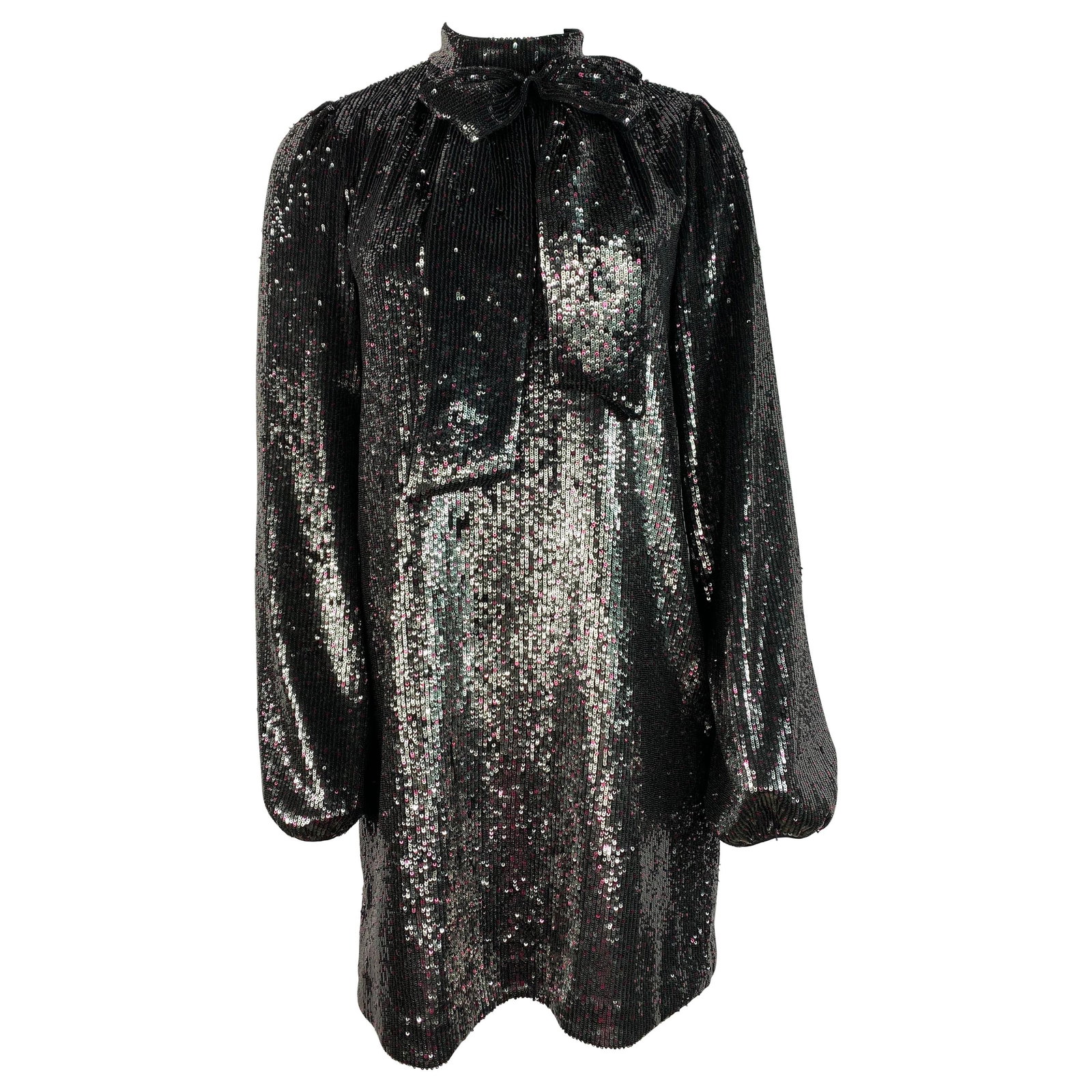 No. 21 Sequin Mini Dress with Bow Detail Grey Pink EU 42: No. 21 Sequin Mini Dress with Bow Detail Grey Pink EU 42 Shiny grey and pink sequin mini dress designed by No. 21. It features a low turtle neck, a large bow detail, and a rear three-button closure. M