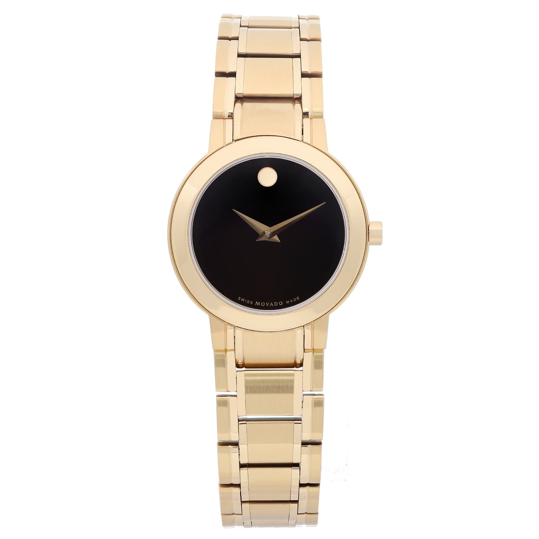 Movado Stiri ladies quartz watch 28mm black dial gold tone steel: Movado Stiri ladies quartz watch 28mm black dial gold tone steel Movado Stiri ladies quartz watch with a black dial and gold-tone steel case and bracelet. Presented in unworn condition, this 28mm watc