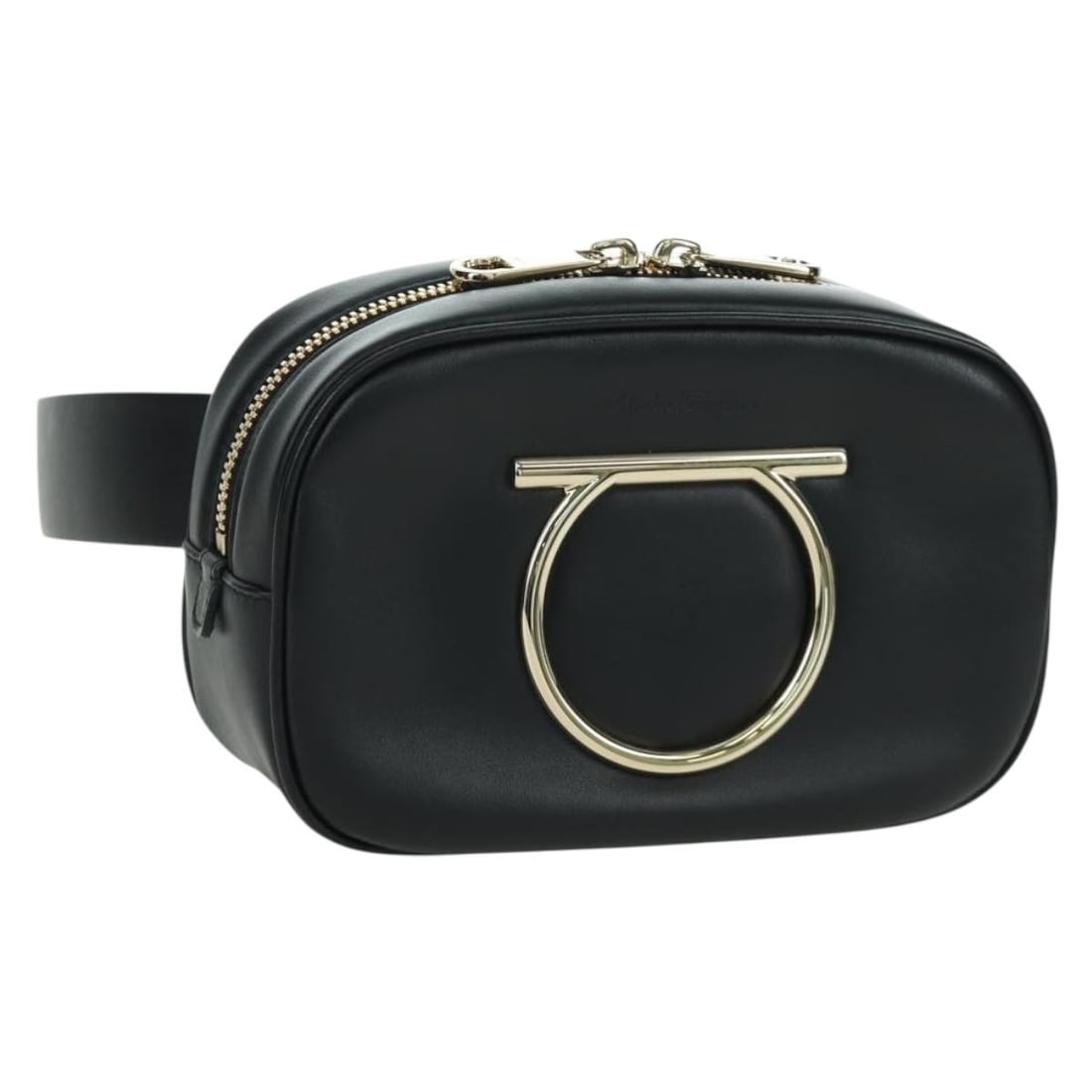 Gancini Leather Waist Bag by Salvatore Ferragamo Black Gold with Dust Bag: Gancini Leather Waist Bag by Salvatore Ferragamo Black Gold with Dust Bag This Salvatore Ferragamo Gancini waist bag is crafted from black leather with gold-tone accents. Designed for women, it featur
