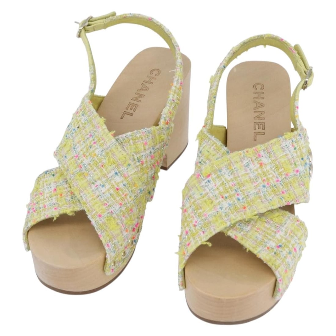 CHANEL Coco Mark Yellow Tweed Canvas Sandals Womens 22cm: CHANEL Coco Mark Yellow Tweed Canvas Sandals Womens 22cm Authentic CHANEL Coco Mark sandals in yellow tweed-style canvas. This women's sandal features the CC motif and is made in Italy. Condition is A