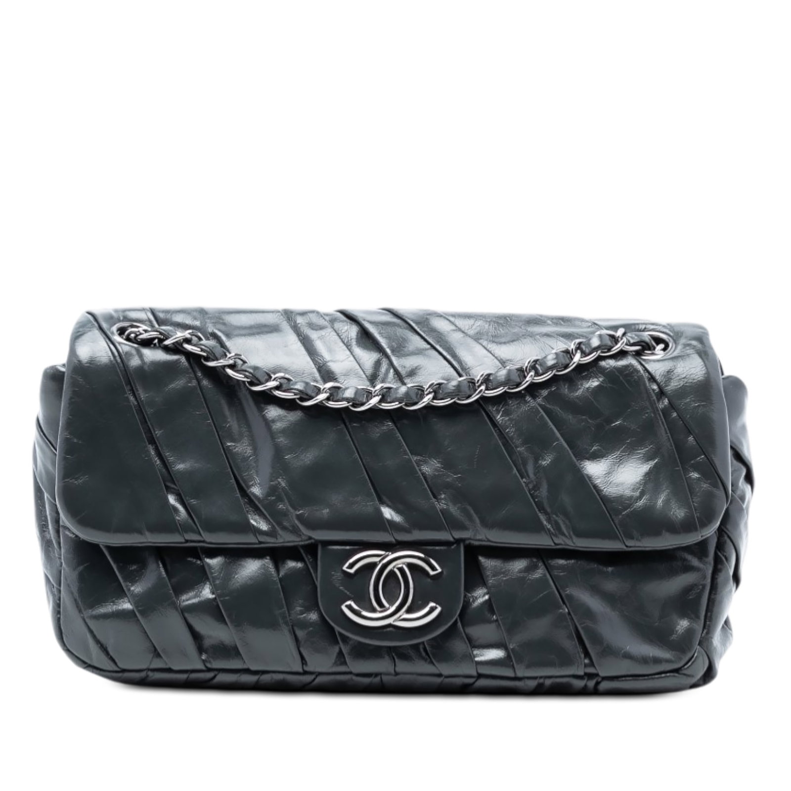 Chanel glazed calfskin flap shoulder bag twisted medium: Chanel glazed calfskin flap shoulder bag twisted medium This Chanel Medium Glazed Calfskin Twisted Flap shoulder bag is crafted from glazed calfskin leather in black. It features a leather-woven chain