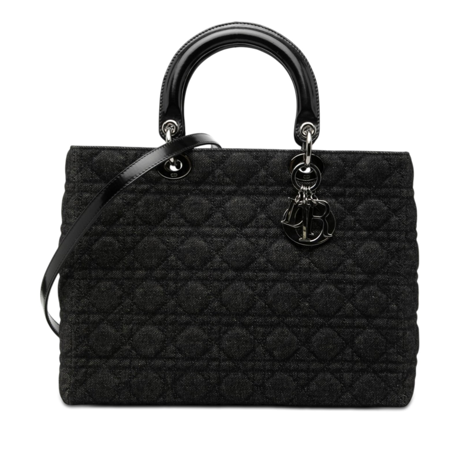 Dior Lady Dior Black Denim Cannage Large Tote with Patent Handles: Dior Lady Dior Black Denim Cannage Large Tote with Patent Handles This Lady Dior handbag showcases a large cannage denim body with rolled patent leather handles and a detachable flat leather strap. It