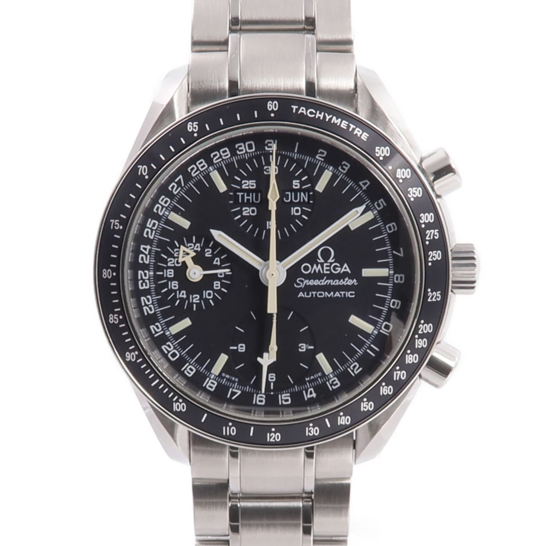 Omega 3520.5 Speedmaster automatic chronograph watch in stainless steel: Omega 3520.5 Speedmaster automatic chronograph watch in stainless steel OMEGA Speedmaster 3520.5 automatic watch in stainless steel with a black dial. It features automatic winding and a chronograph f