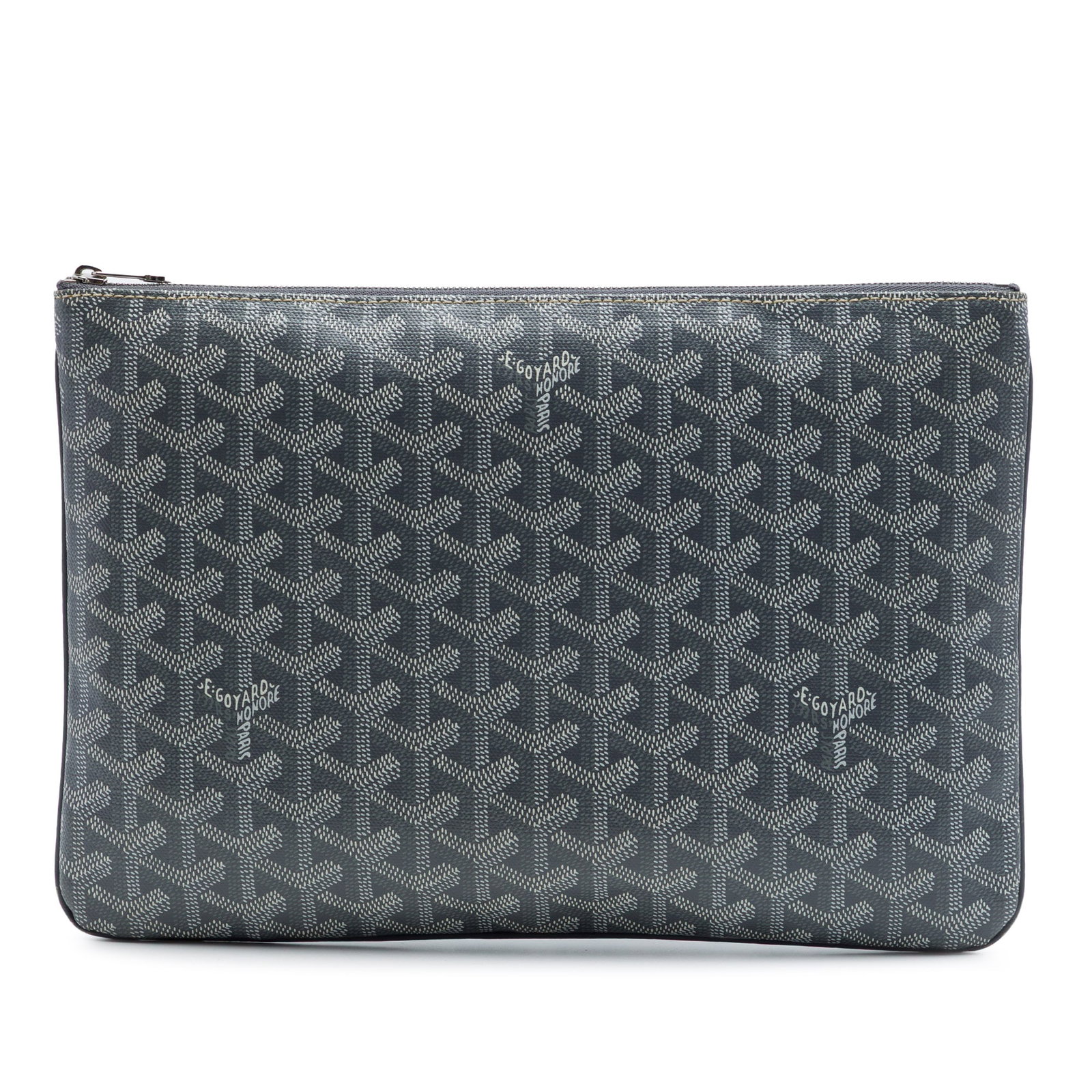 Goyard Goyardine Senat MM Gray Coated Canvas Clutch Bag: Goyard Goyardine Senat MM Gray Coated Canvas Clutch Bag The Goyardine Senat MM is a zip-top pouch crafted with a coated canvas body. This piece is made in France and shows visible wear consistent with