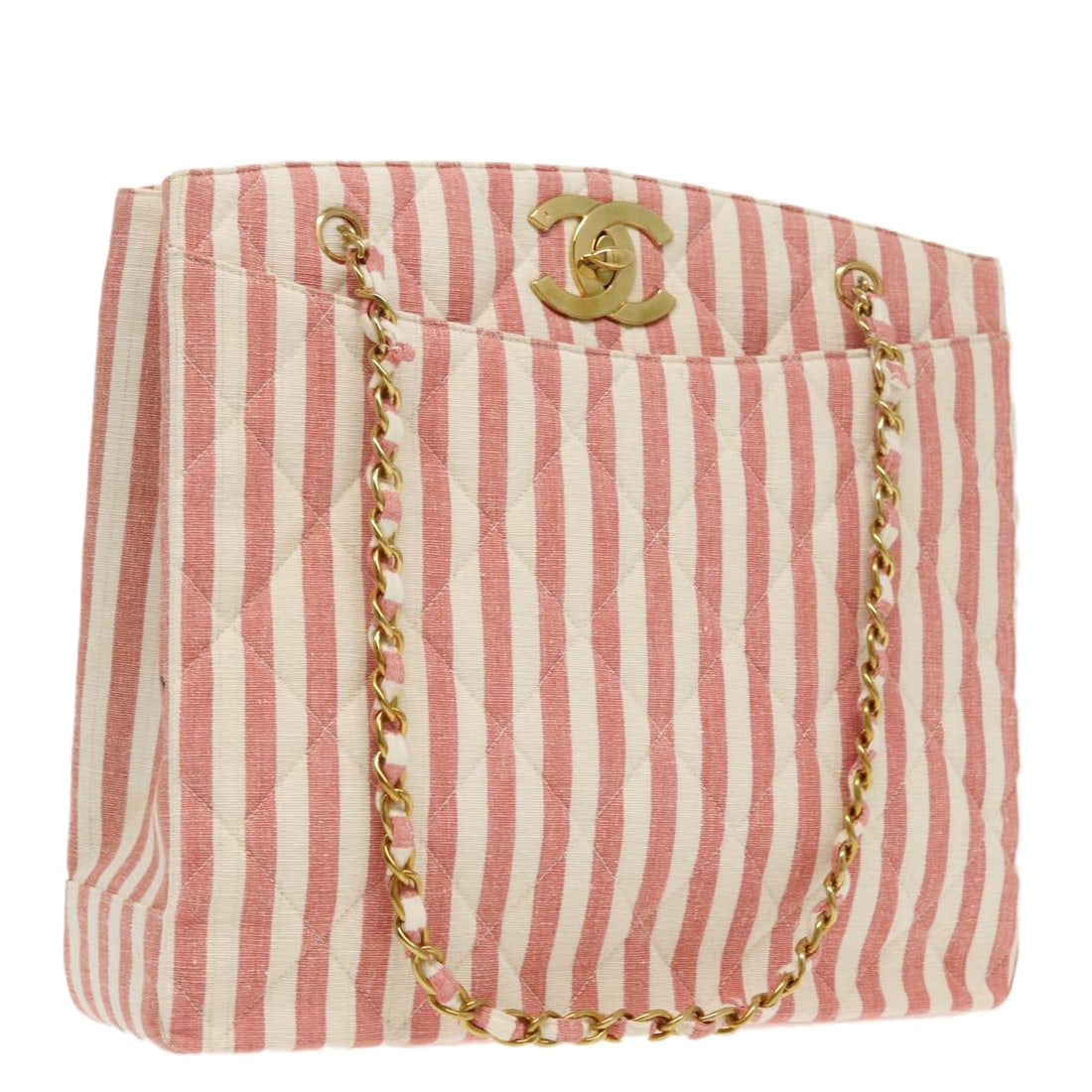 Canvas Shoulder Bag CHANEL Matelasse Chain Gold Pink CC: Canvas Shoulder Bag CHANEL Matelasse Chain Gold Pink CC Authentic CHANEL Matelasse chain shoulder bag in gold and pink canvas. This women's shoulder bag includes a dust bag, guarantee card, and instru