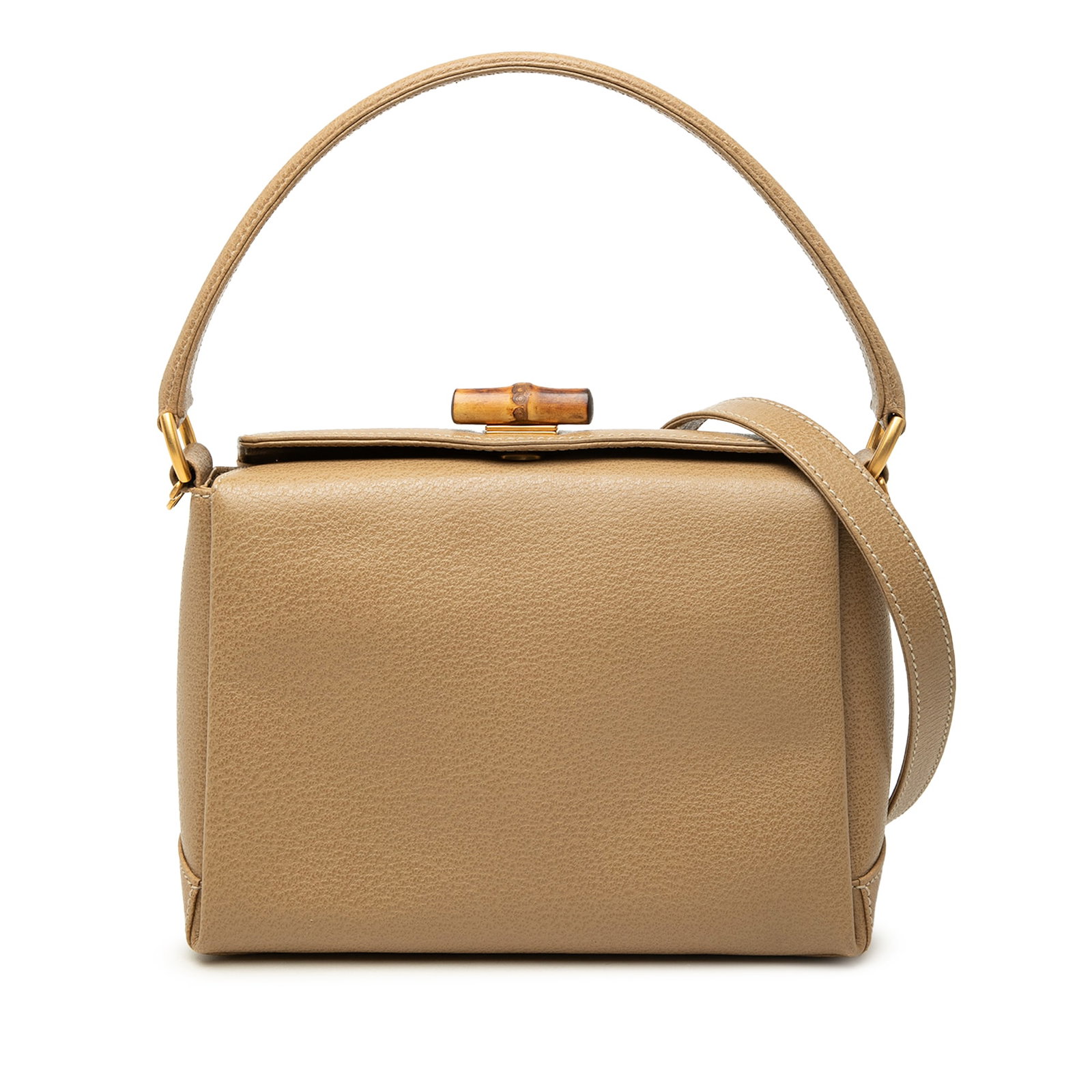 Gucci Bamboo Satchel in Beige Grained Calfskin Leather: Gucci Bamboo Satchel in Beige Grained Calfskin Leather Gucci grained calfskin bamboo satchel in beige with a structured leather body, flat top handle, and detachable flat strap. The design is finished