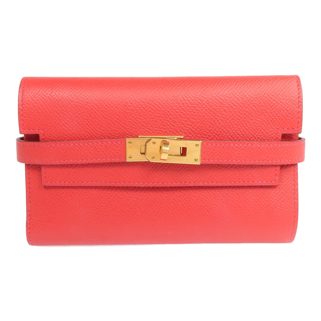 Hermes Kelly tri fold wallet Epsom calfskin Rouge de Coeur: Hermes Kelly tri fold wallet Epsom calfskin Rouge de Coeur Tri-fold long wallet in Epsom leather with a Kelly-style turn-lock closure. This women's wallet is finished in Rouge de Coeur red and include