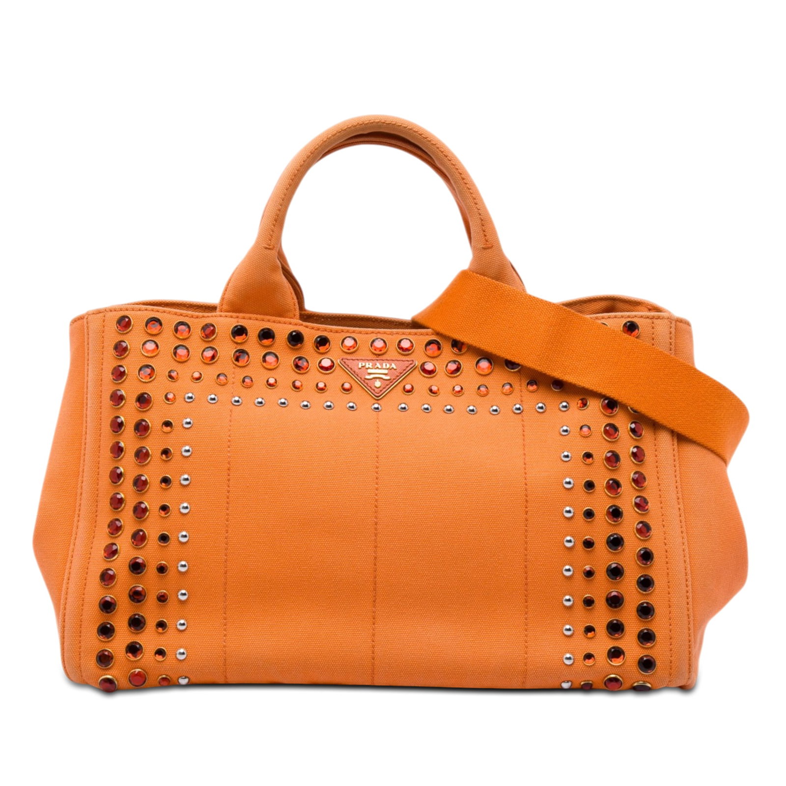 Prada Canapa Bijoux Canvas Satchel Orange Italy: Prada Canapa Bijoux Canvas Satchel Orange Italy Prada Canvas Canapa Bijoux Satchel in orange fabric with a studded canvas body, rolled top handles, and a detachable flat canvas shoulder strap. It has 