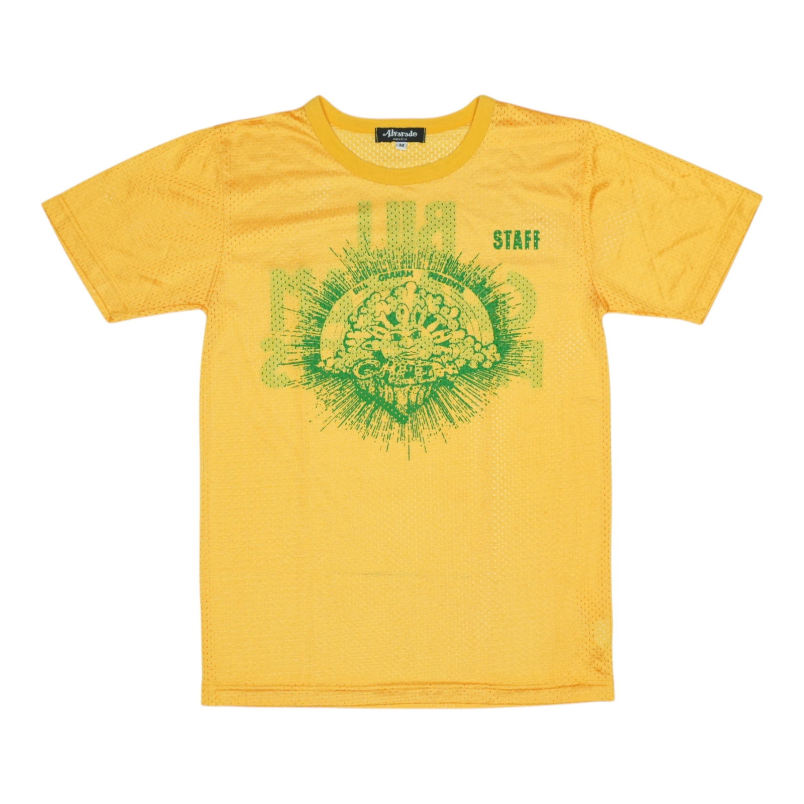 Bill Graham Day On The Green yellow staff mesh shirt Medium 1970s: Bill Graham Day On The Green yellow staff mesh shirt Medium 1970s Authentic 1970s Bill Graham Day On The Green staff mesh shirt with front and back graphics. This original vintage shirt is not a moder