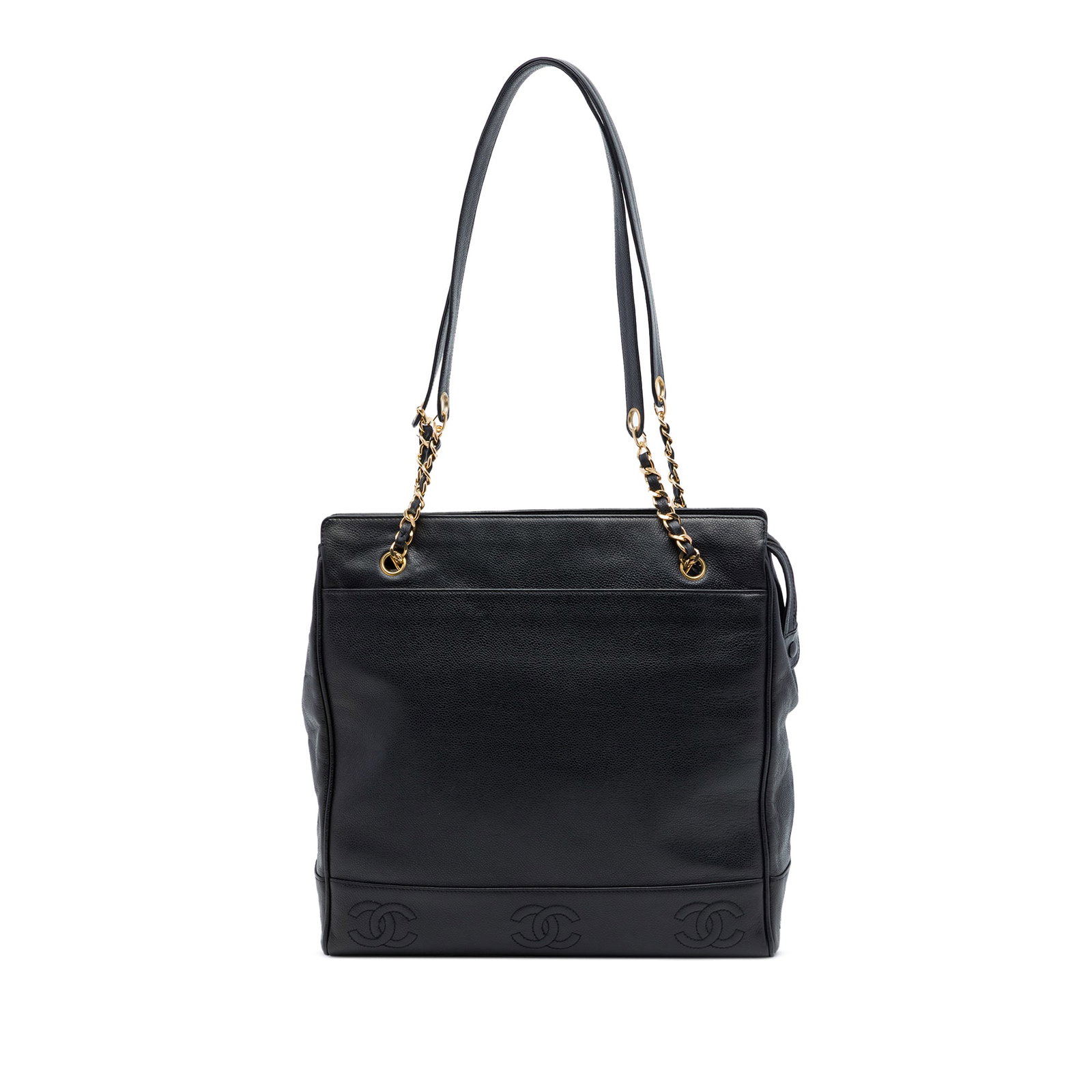 Chanel Triple CC Caviar Leather Tote Bag Black: Chanel Triple CC Caviar Leather Tote Bag Black Chanel Triple CC Caviar Tote in black leather with leather and chain shoulder straps, a top zip closure, exterior slip pockets, and an interior zip pocke