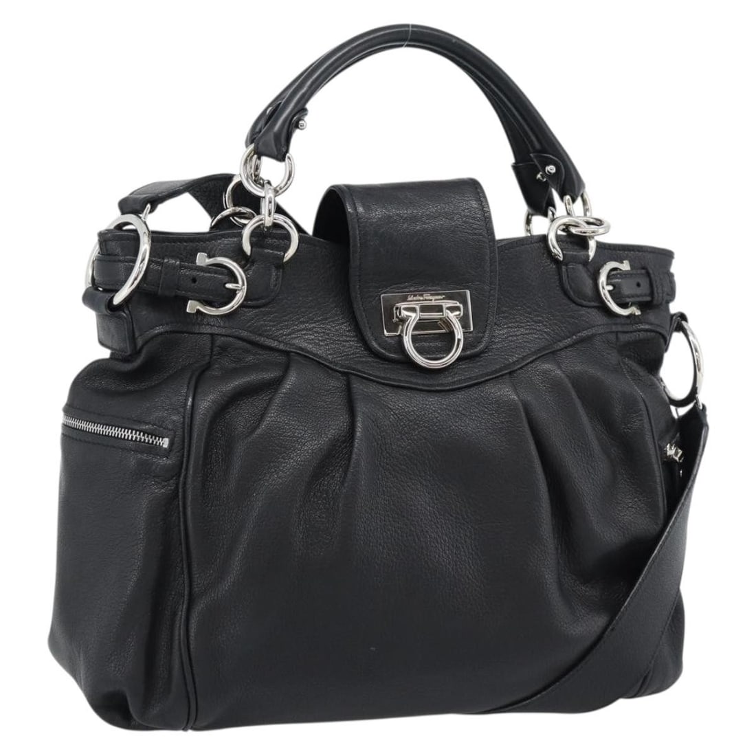 Salvatore Ferragamo Gancini Leather 2 Way Handbag Black Silver Strap: Salvatore Ferragamo Gancini Leather 2 Way Handbag Black Silver Strap Salvatore Ferragamo Gancini 2-way handbag in black leather with silver-tone accents. Designed for women, this Italian-made bag incl