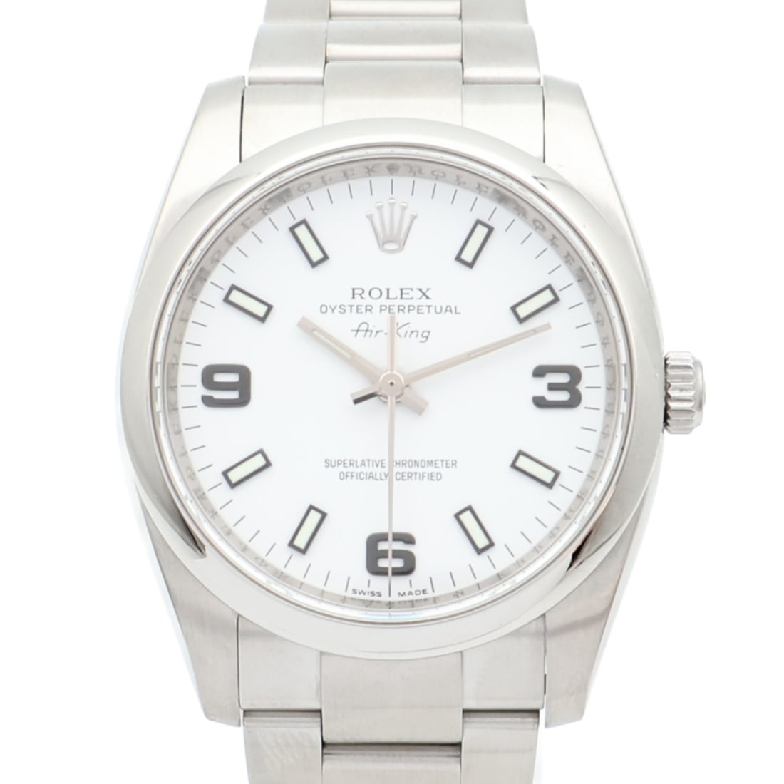 Rolex 114200 Air King stainless steel automatic wristwatch white dial: Rolex 114200 Air King stainless steel automatic wristwatch white dial Rolex Air King automatic wristwatch, model 114200, with a white dial and stainless steel case and band. This Swiss-made watch is d