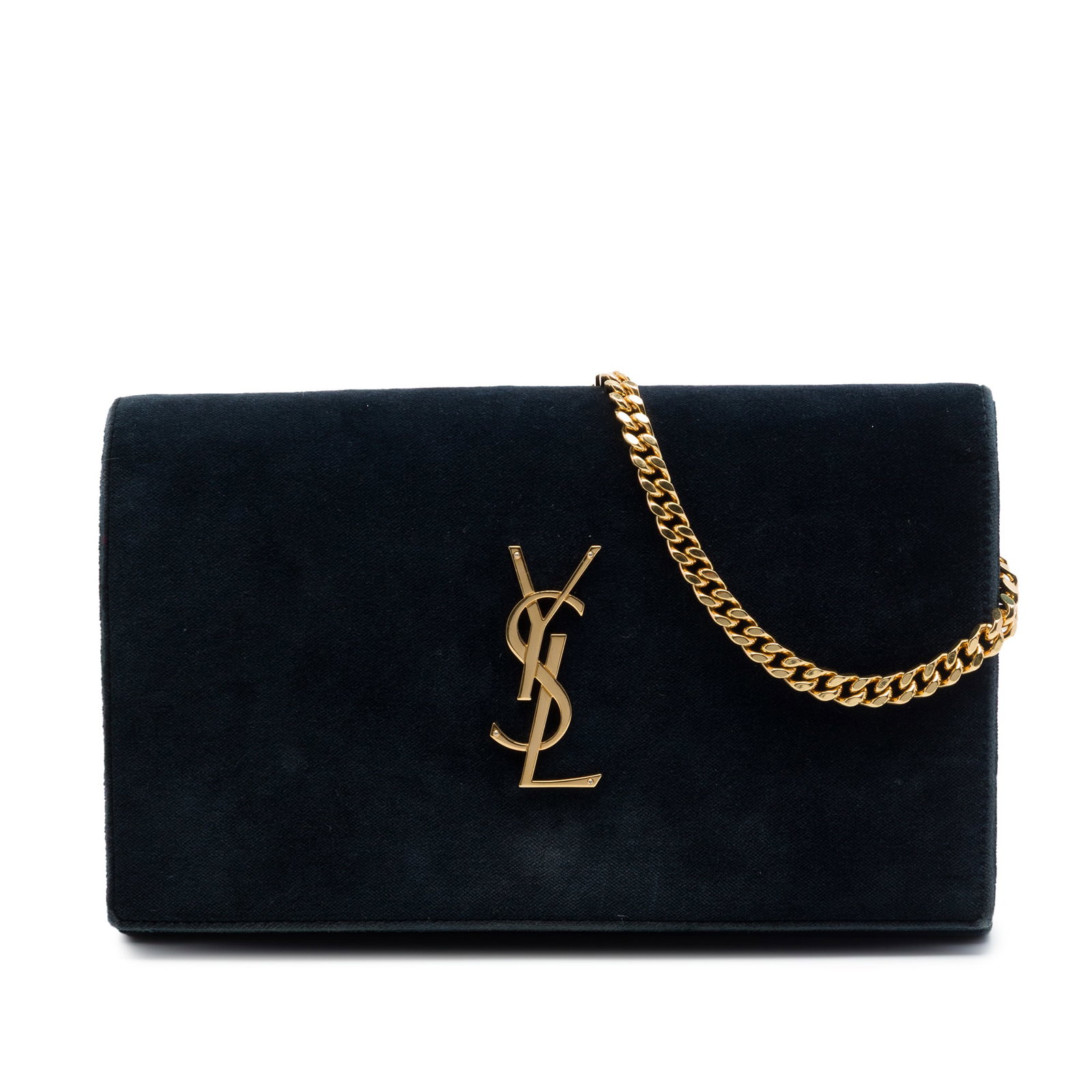 Saint Laurent Kate Chain Wallet in Green Suede Leather: Saint Laurent Kate Chain Wallet in Green Suede Leather Saint Laurent Kate chain wallet crafted in green suede leather with the Monogram design. It features a chain shoulder strap, a front flap with ma