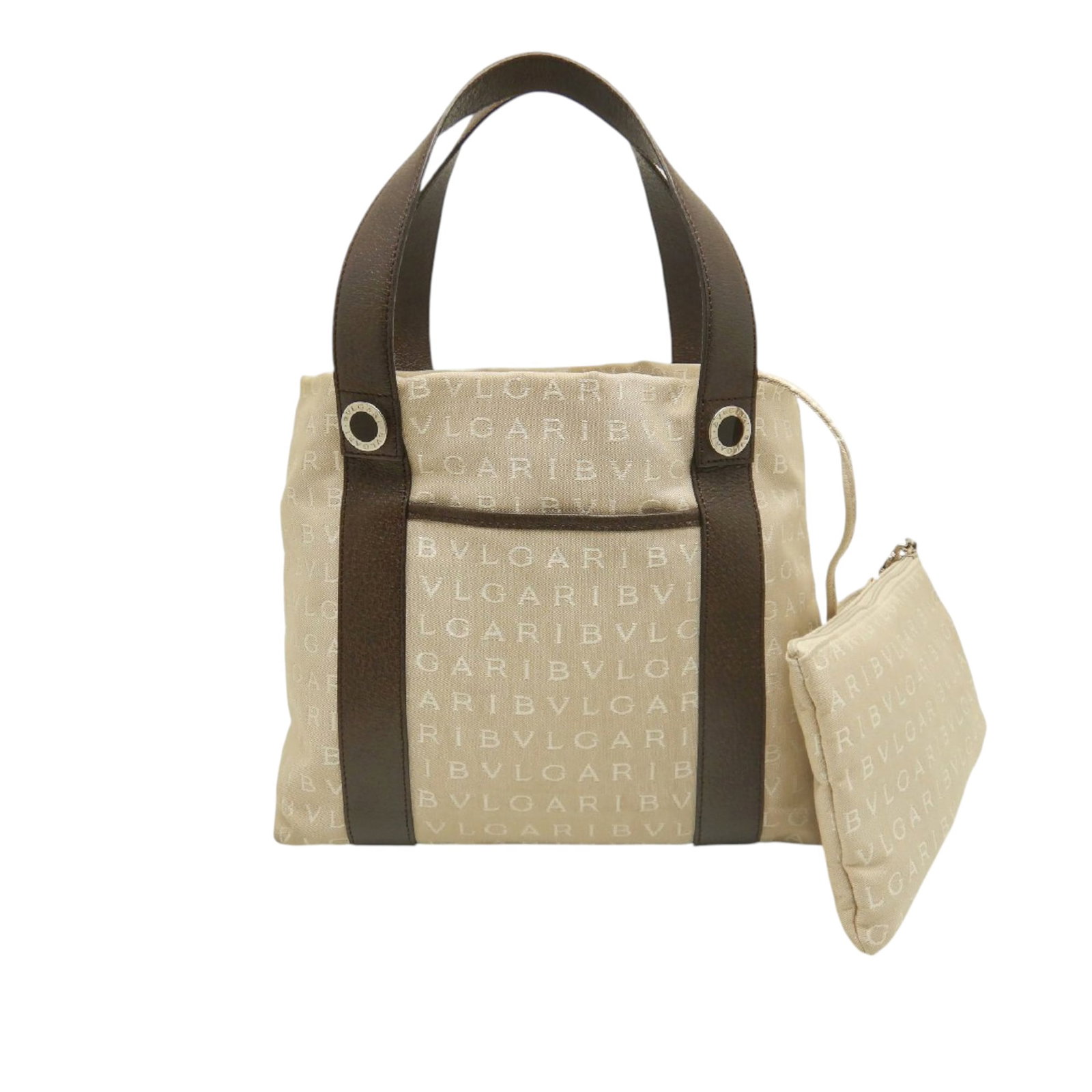 Bvlgari Logomania Canvas Tote Bag with Leather Trim: Bvlgari Logomania Canvas Tote Bag with Leather Trim A Bvlgari Canvas Logomania Tote made in Italy, designed with a canvas body, leather trim, flat handles, and an open top. The bag is beige and comes 