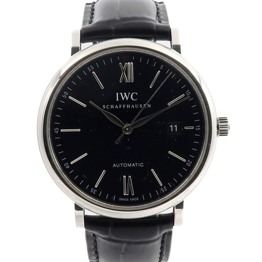 IWC IW356502 Portofino mens automatic wristwatch black stainless steel: IWC IW356502 Portofino mens automatic wristwatch black stainless steel IWC Portofino automatic wristwatch for men with a black dial and stainless steel case and bracelet. This Swiss-made watch feature