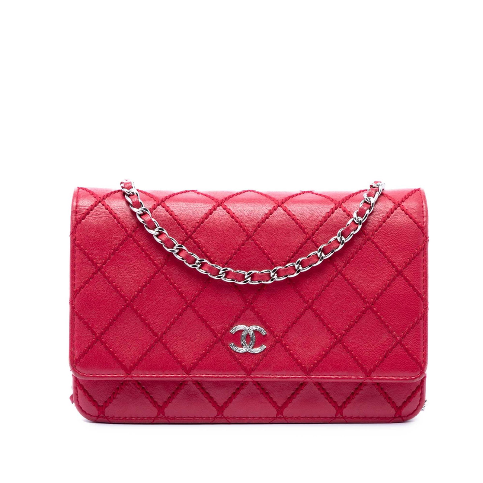 Chanel Wild Stitch CC Lambskin Wallet on Chain Red: Chanel Wild Stitch CC Lambskin Wallet on Chain Red Chanel CC Lambskin Wild Stitch Wallet on Chain in red lambskin leather, made in Italy. It features double stitching details, a leather-woven chain li