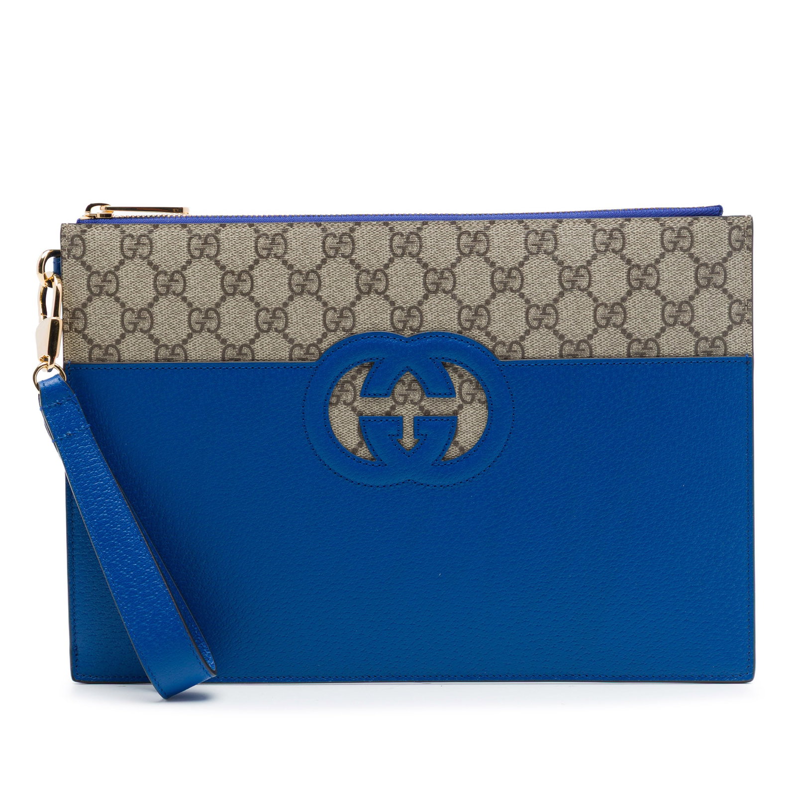 Gucci GG Supreme Calfskin Wristlet Clutch with Interlocking G: Gucci GG Supreme Calfskin Wristlet Clutch with Interlocking G Gucci GG Supreme and calfskin clutch with a cut-out Interlocking G design. This wristlet-style clutch features a coated canvas and leather