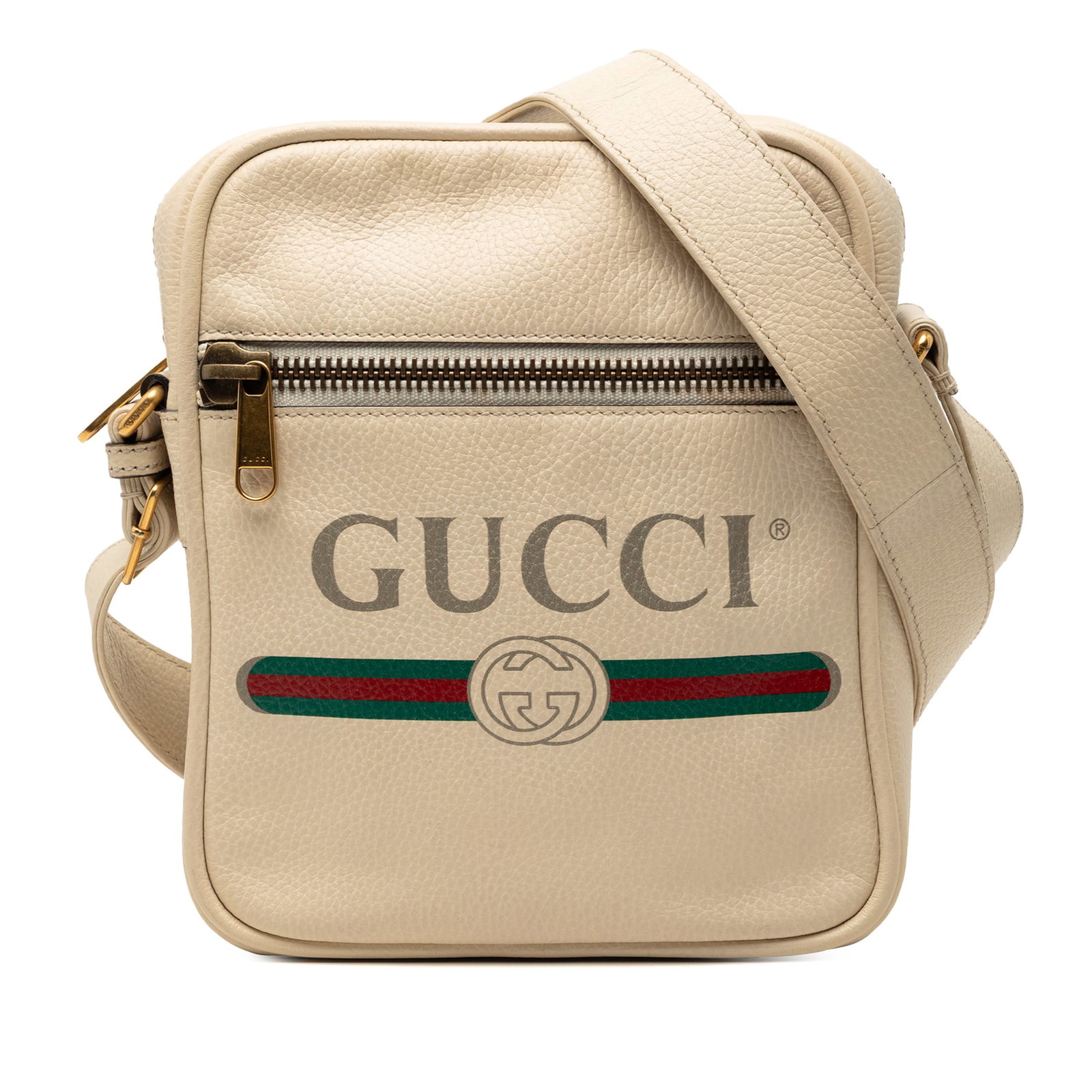 Gucci brown grained calfskin crossbody bag: Gucci brown grained calfskin crossbody bag This Gucci Grained Calfskin Logo Crossbody bag is crafted from brown leather and features an adjustable flat leather strap, a top zip closure, an exterior fr