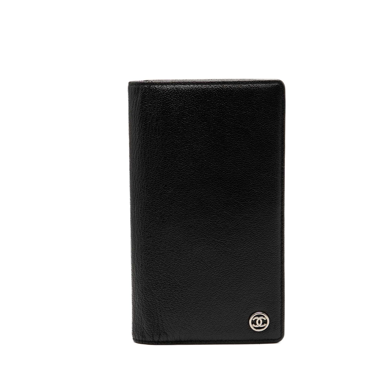 Chanel CC L Yen Long Wallet in Black Goatskin: Chanel CC L Yen Long Wallet in Black Goatskin This Chanel CC Goatskin L Yen Wallet is a long bifold wallet crafted from goatskin leather. It features a bifold closure with interior zip and slip pocket