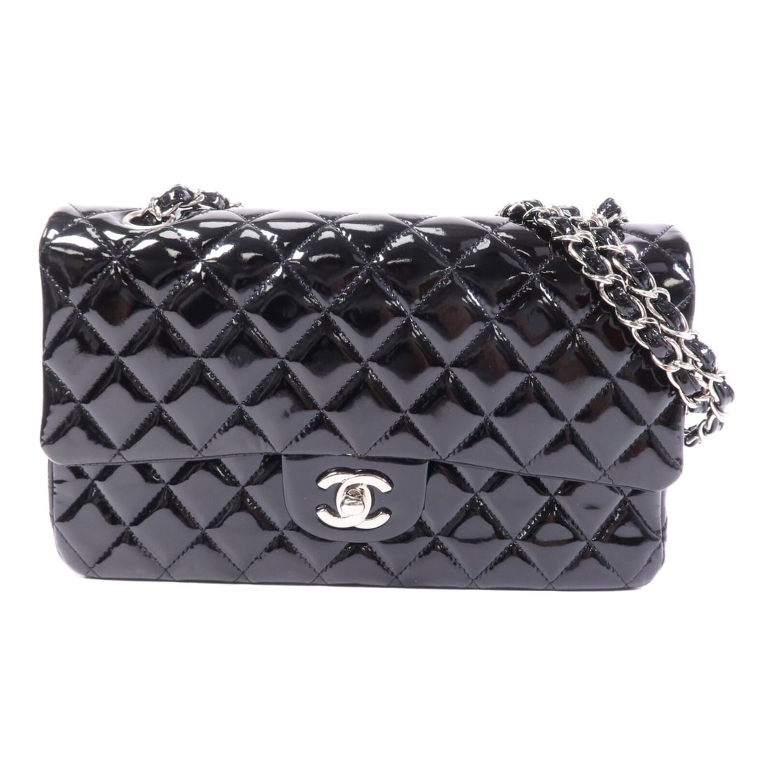 CHANEL Classic 25 CC Patent Leather Shoulder Bag Black SHW: CHANEL Classic 25 CC Patent Leather Shoulder Bag Black SHW CHANEL Classic 25 Chain Shoulder Bag in black patent leather. This women's shoulder bag features a black frame color, turn lock closure, and 