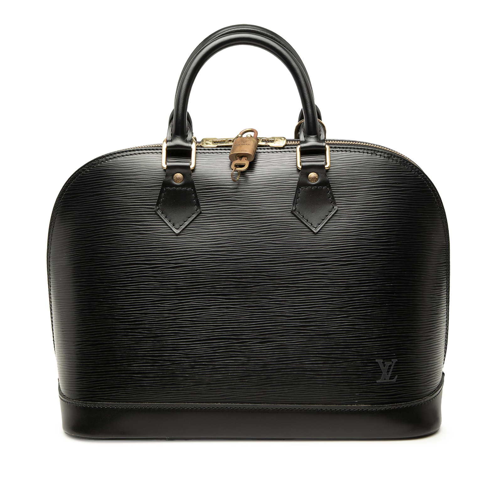 Louis Vuitton Alma PM black Epi leather handbag: Louis Vuitton Alma PM black Epi leather handbag Louis Vuitton Epi Alma PM handbag crafted with an epi leather body, rolled leather top handles, a zip-around closure, and an interior slip pocket. The b