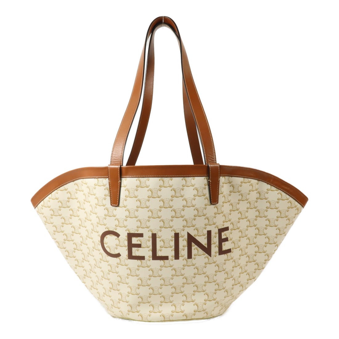 CELINE Triomphe Cuffin Calfskin and Coated Canvas Tote White Brown: CELINE Triomphe Cuffin Calfskin and Coated Canvas Tote White Brown A CELINE Triomphe Cuffin tote bag in white and brown, crafted from calfskin leather and PVC coated canvas. This women's tote features