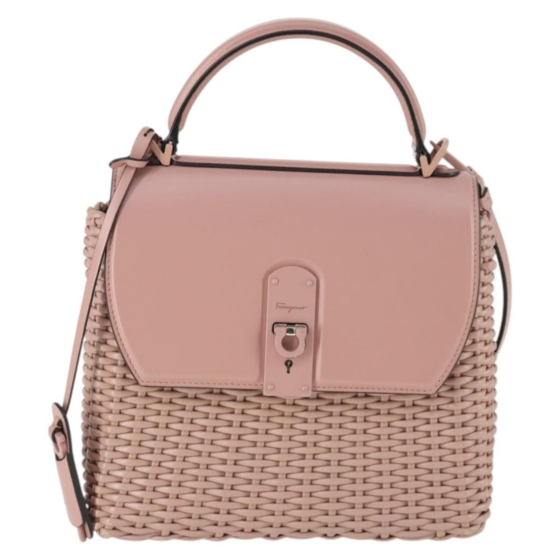 Pink Boxyz Woven Leather Handbag by Salvatore Ferragamo: Pink Boxyz Woven Leather Handbag by Salvatore Ferragamo This Salvatore Ferragamo Boxyz Top Handle Bag features a woven leather design in pink, crafted for women. Made in Italy, the bag is noted for it