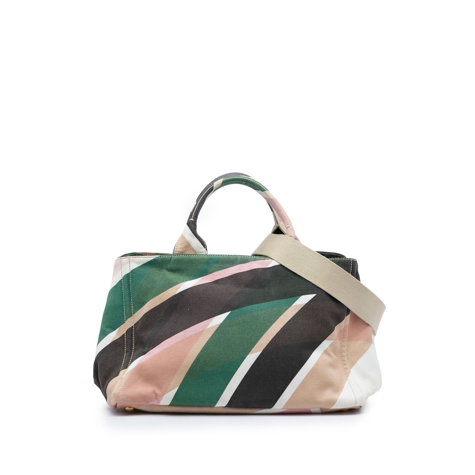 Prada Canapa Printed Canvas Satchel with Detachable Strap: Prada Canapa Printed Canvas Satchel with Detachable Strap Prada Canapa satchel in printed canvas with a multicolor design. This bag features rolled handles, a detachable flat strap, an open top, and i