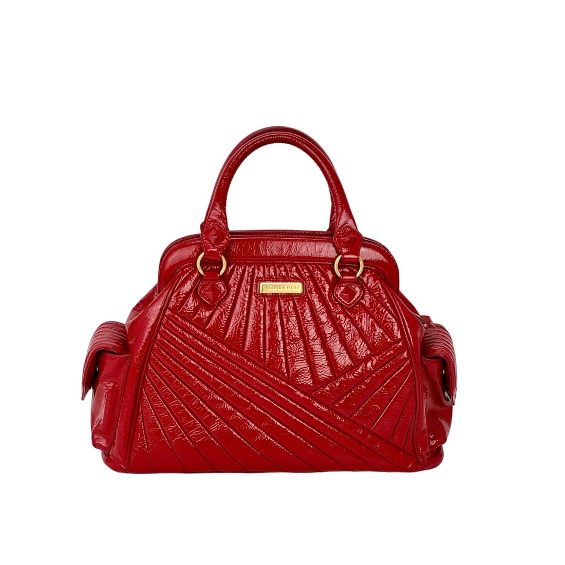Isabella Fiore Fiore red patent leather satchel handbag: Isabella Fiore Fiore red patent leather satchel handbag Elevate your style with this Isabella Fiore Red Patent Leather Handbag. This spacious satchel features a stunning crescent shape and a vibrant r