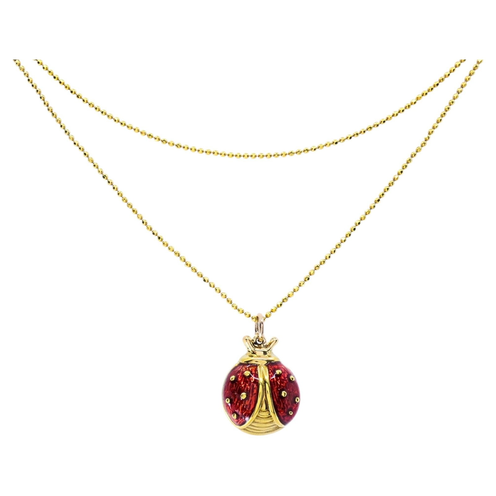 Set of 2 Ladybug Pendant Necklace 18k Enamel 14k Gold Chain: Set of 2 Ladybug Pendant Necklace 18k Enamel 14k Gold Chain Vintage-style necklace featuring an 18k gold ladybug pendant on a 14k gold ball chain. The rounded pendant has red enamel wings with small r