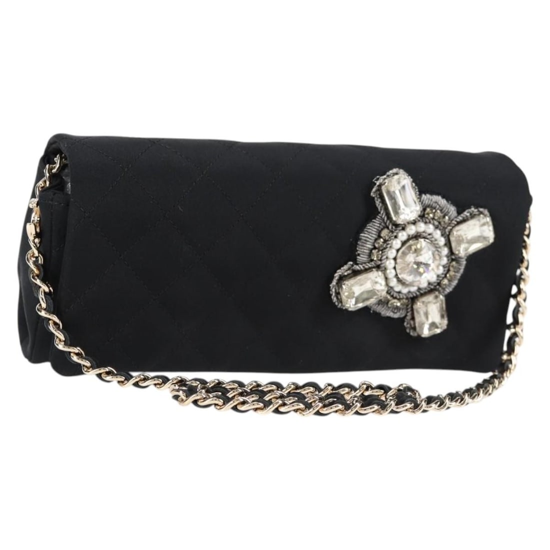 Chanel Chain Flap Shoulder Bag Black Quilted Nylon: Chanel Chain Flap Shoulder Bag Black Quilted Nylon This Chanel Chain Flap Shoulder Bag is crafted from black quilted nylon and designed for women. The bag features a chain shoulder strap and classic f