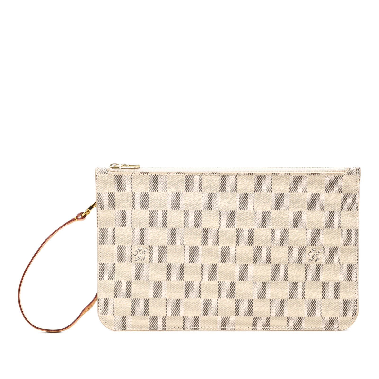 Louis Vuitton Neverfull Pochette in Damier Azur Canvas: Louis Vuitton Neverfull Pochette in Damier Azur Canvas Louis Vuitton Damier Azur Neverfull Pochette with a damier azur canvas body, flat vachetta leather wrist strap, top zip closure, and interior sli