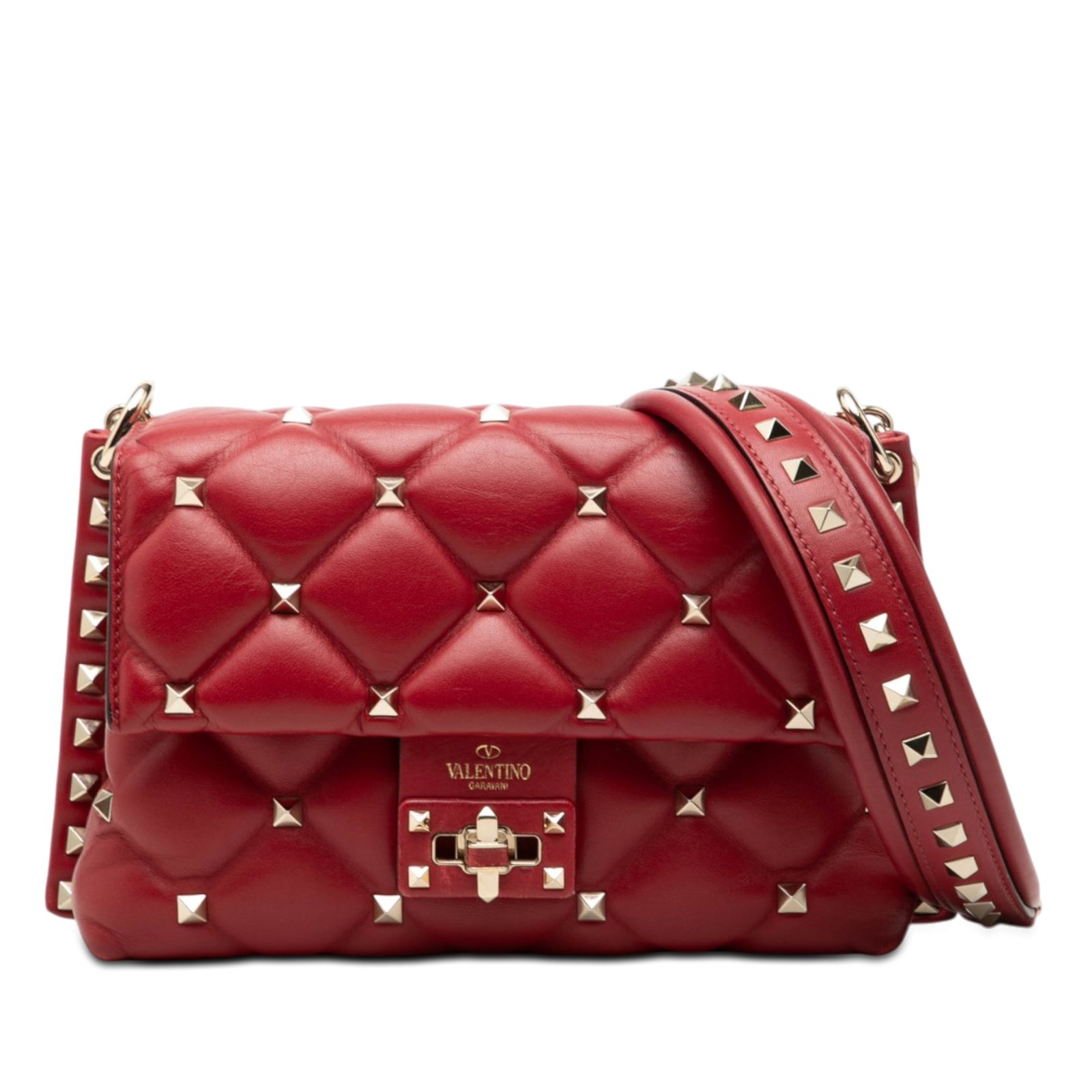 Valentino Candystud Red Nappa Leather Crossbody Bag: Valentino Candystud Red Nappa Leather Crossbody Bag Valentino Nappa Candystud Crossbody bag in red quilted nappa leather with stud detailing. It features a chain link strap with a leather shoulder gua