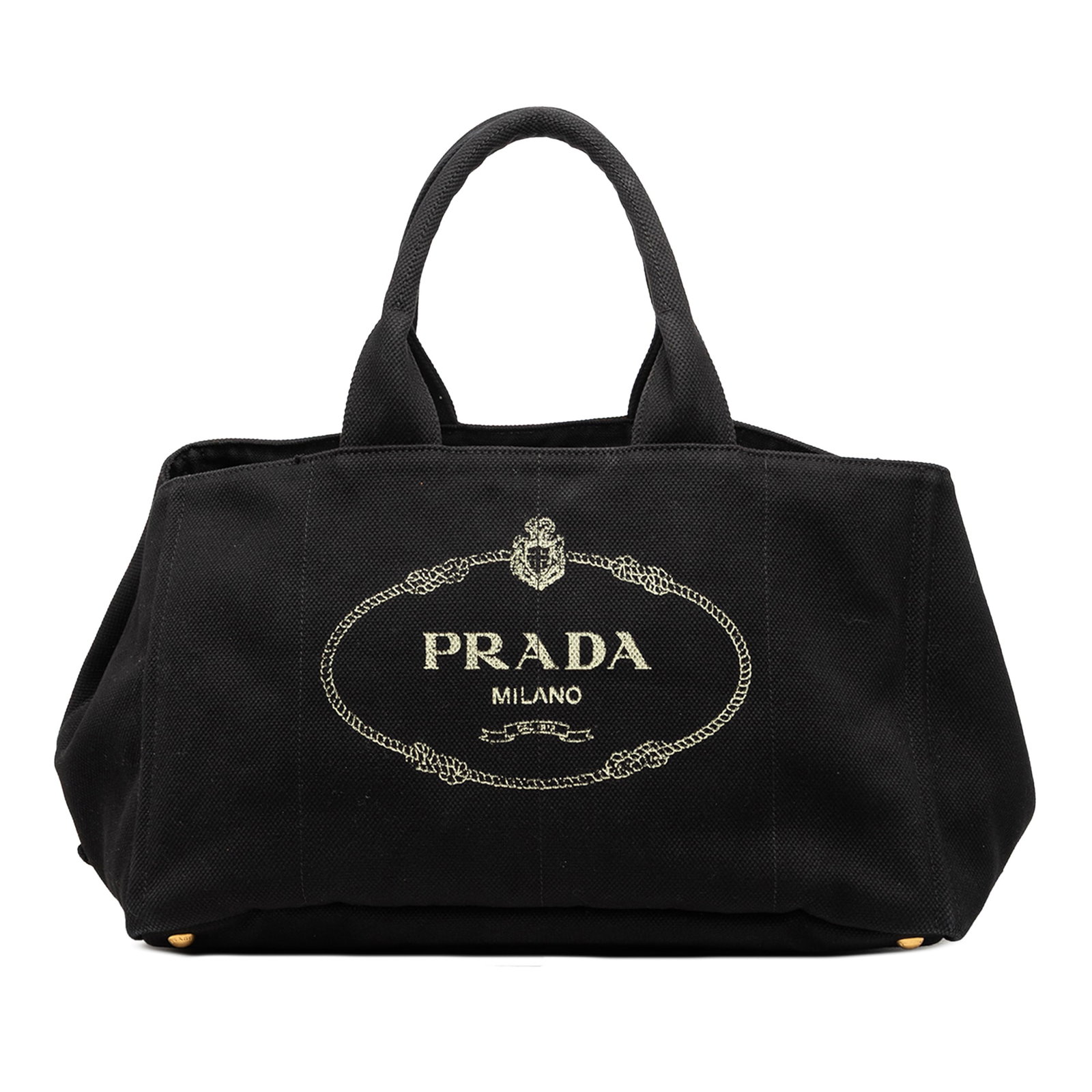 Prada Canapa Logo Tote Large Black Canvas Satchel: Prada Canapa Logo Tote Large Black Canvas Satchel Prada large Canapa logo tote in black canvas with rolled handles, an open top, and interior zip and slip pockets. Made in Turkey. Condition is B+ with