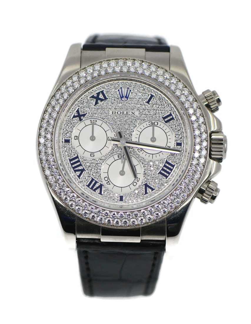 Rolex Daytona Pave Diamond 18K White Gold 116589RBR Wristwatch: Rolex Daytona Pave Diamond 18K White Gold 116589RBR Wristwatch This Rolex Daytona Pave Diamond wristwatch features a 40mm case crafted from 18K white gold. The timepiece showcases a diamond-set dial a