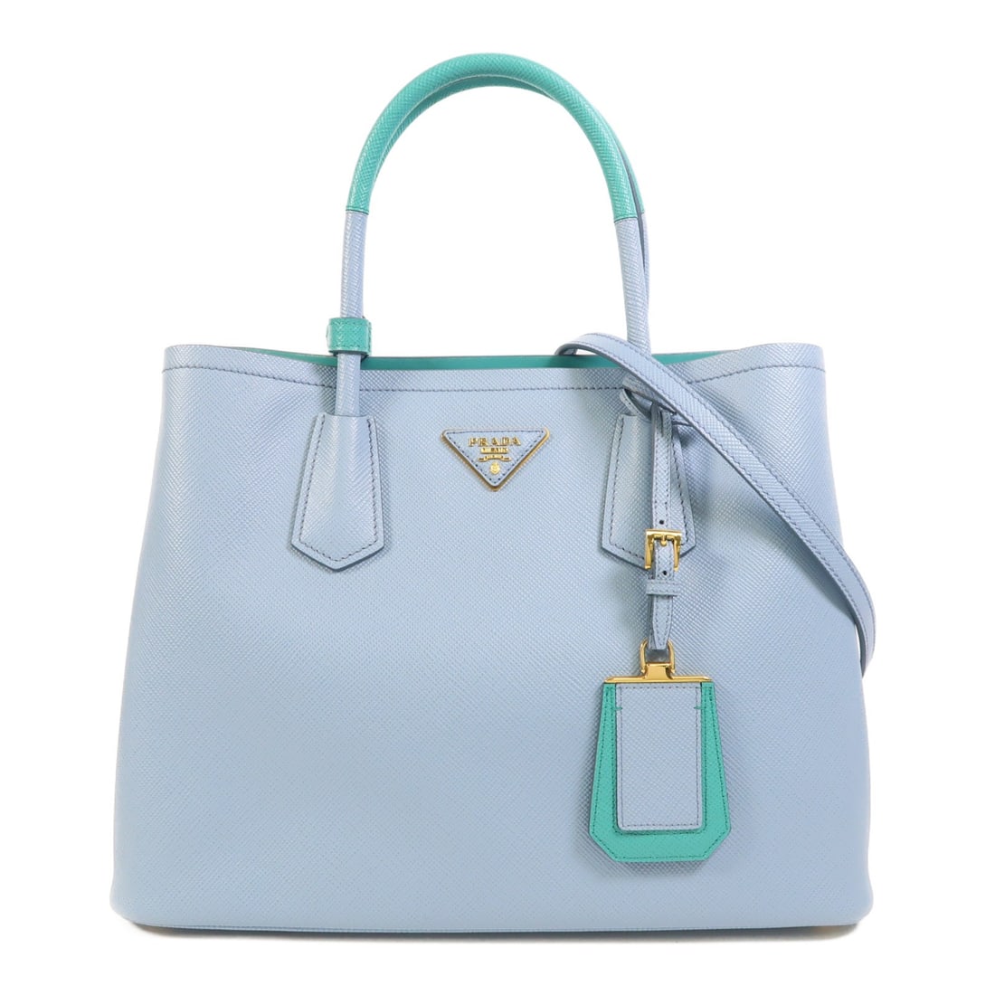 Prada 1BG775 Saffiano Leather 2 Way Shoulder Bag Blue Green: Prada 1BG775 Saffiano Leather 2 Way Shoulder Bag Blue Green PRADA 2-way shoulder bag, model 1BG775, made of Saffiano leather in Blue/Green. It features a regular size profile, one inside magnetic pock