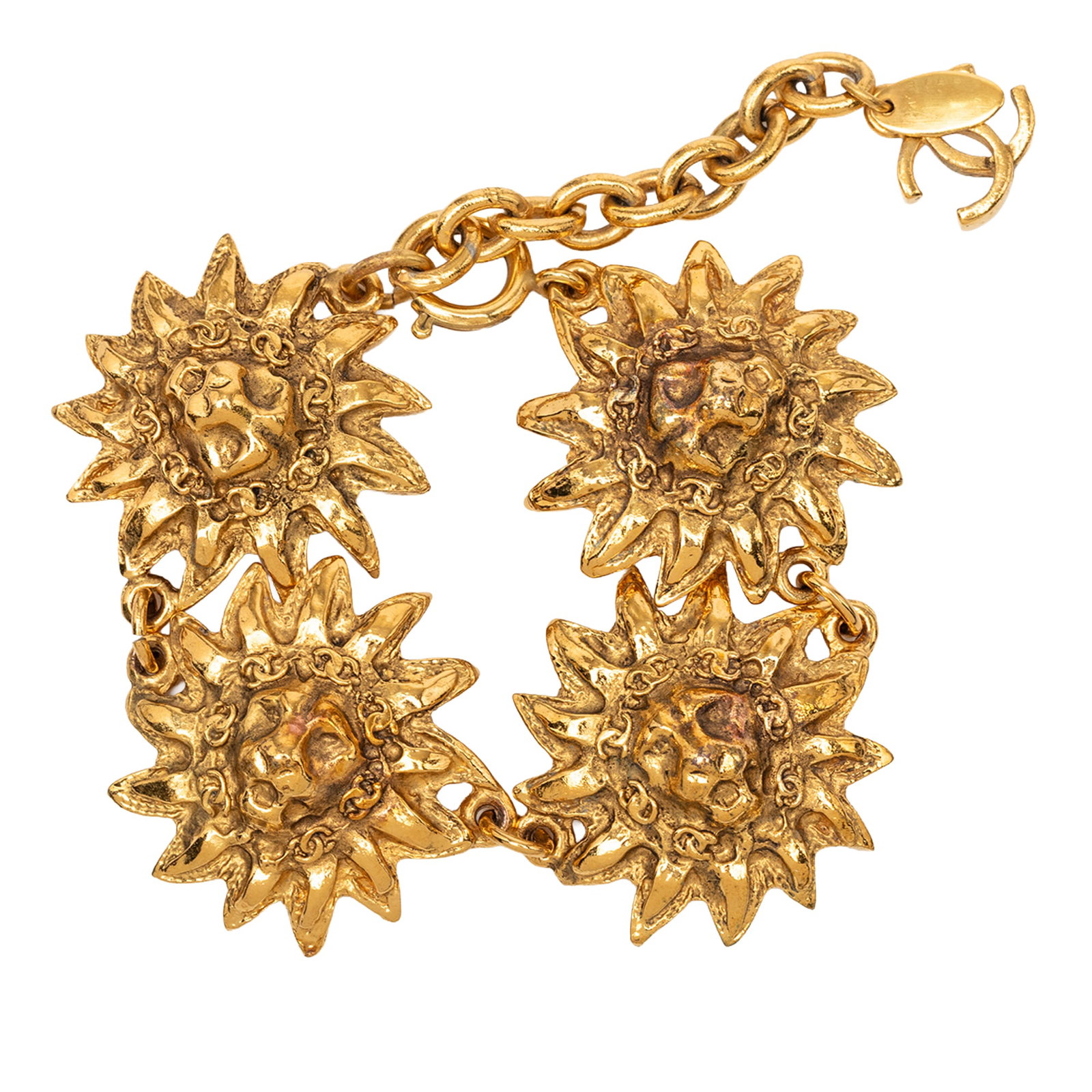 Chanel lion head medallion link bracelet gold plated CC: Chanel lion head medallion link bracelet gold plated CC Gold plated link bracelet with a lion head medallion and spring ring closure. It is identified as a Chanel CC Gold Plated Lion Head Medallion Li