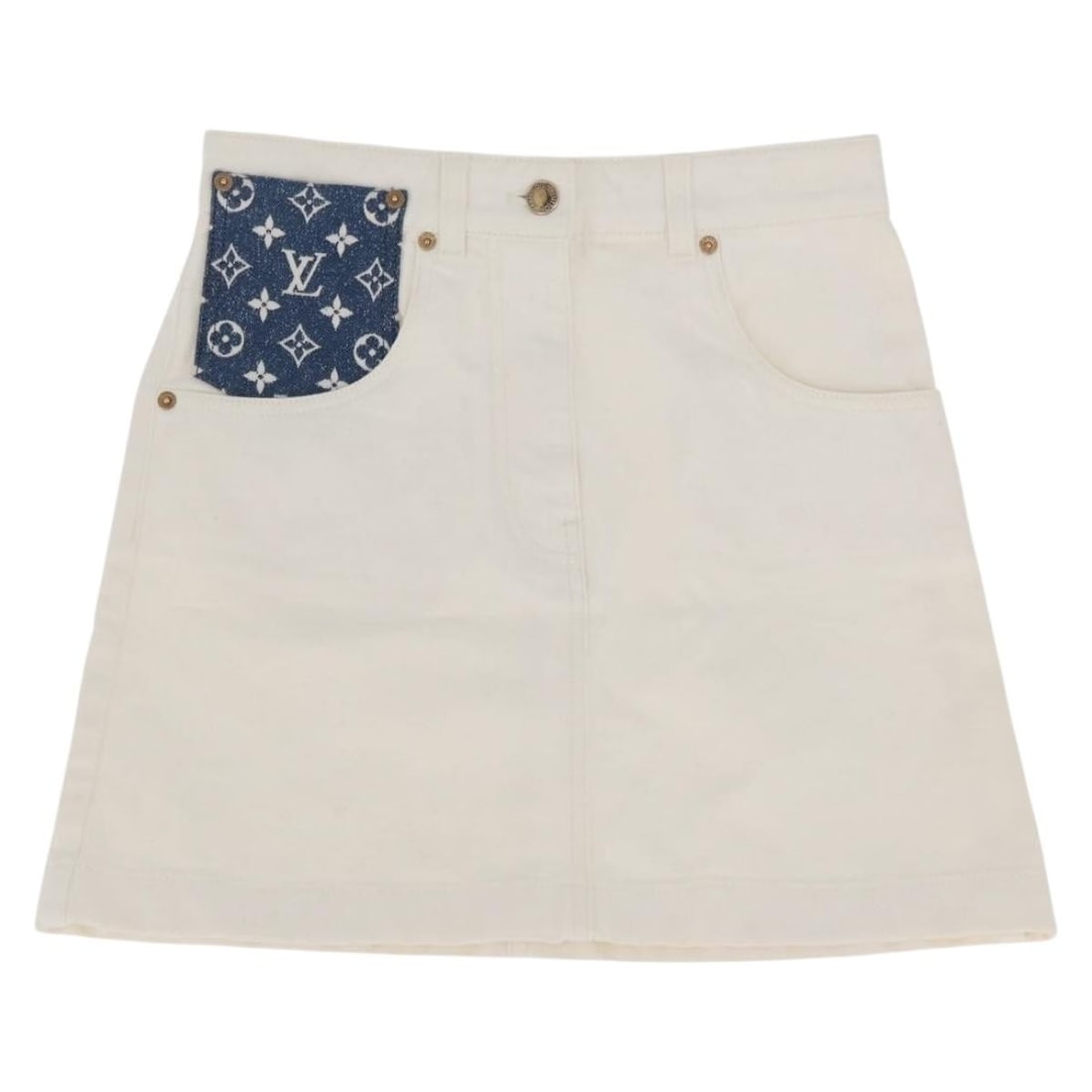 Women's White Monogram Denim Skirt by Louis Vuitton: Women's White Monogram Denim Skirt by Louis Vuitton White monogram denim skirt for women, made in Italy. This pre-owned piece is in excellent condition with no remarkable scratches noted, and only the