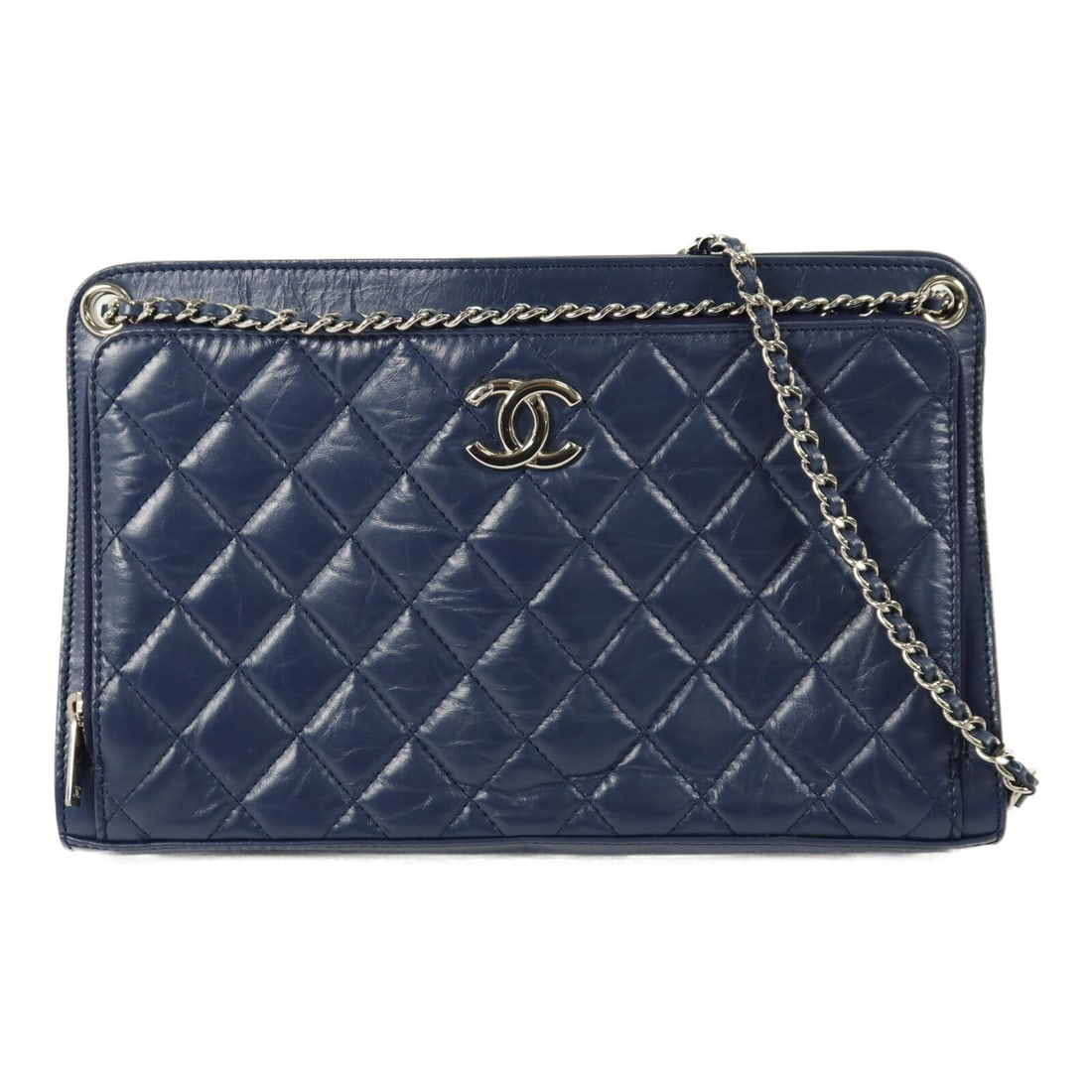 CHANEL CC Calfskin Chain Shoulder Bag Navy Blue SHW: CHANEL CC Calfskin Chain Shoulder Bag Navy Blue SHW CHANEL CC chain shoulder bag in navy calfskin leather with silver-tone hardware. This women's shoulder bag features a structured silhouette with ext