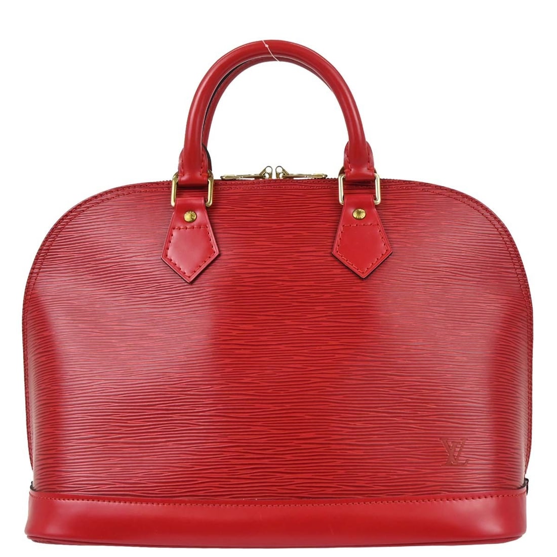 Louis Vuitton Alma red leather handbag: Louis Vuitton Alma red leather handbag This Louis Vuitton Alma handbag is crafted from red Epi leather and features a structured silhouette. Designed for women, the bag shows visible signs of wear, in
