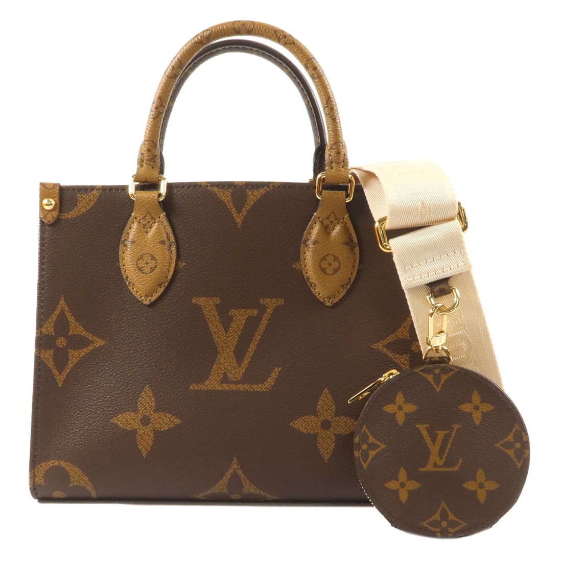 Louis Vuitton OnTheGo PM M46373 2 Way Shoulder Bag Monogram Giant: Louis Vuitton OnTheGo PM M46373 2 Way Shoulder Bag Monogram Giant Louis Vuitton OnTheGo PM 2-way shoulder bag in brown Monogram Giant PVC coated canvas. This women's bag features top handles, a detach