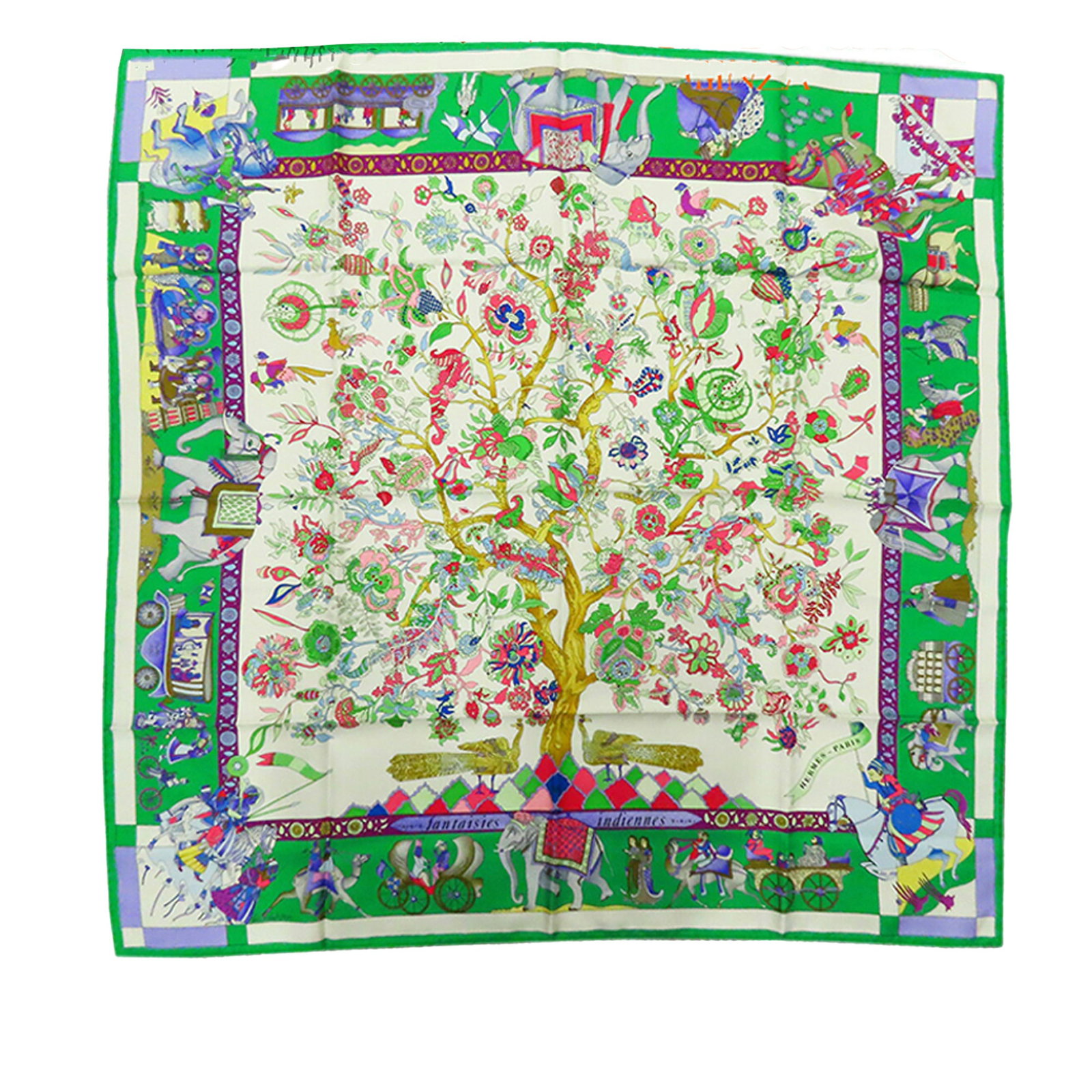 Hermes Fantaisies Indiennes 90 Silk Scarf Green: Hermes Fantaisies Indiennes 90 Silk Scarf Green Hermes Fantaisies Indiennes Silk Scarf 90 featuring a printed design on silk. Made in France, this accessory is presented in green. Condition AB with ex