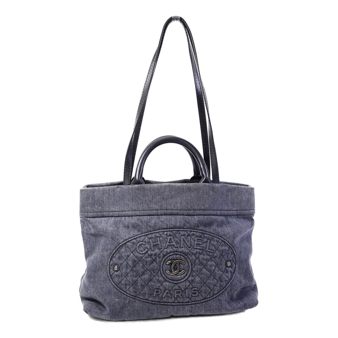 CHANEL A93373 Blue Denim 2 Way Shoulder Bag CC SHW: CHANEL A93373 Blue Denim 2 Way Shoulder Bag CC SHW Chanel 2-way shoulder bag in blue denim with CC SHW styling. This women's bag features a structured design with multiple interior and exterior pocket