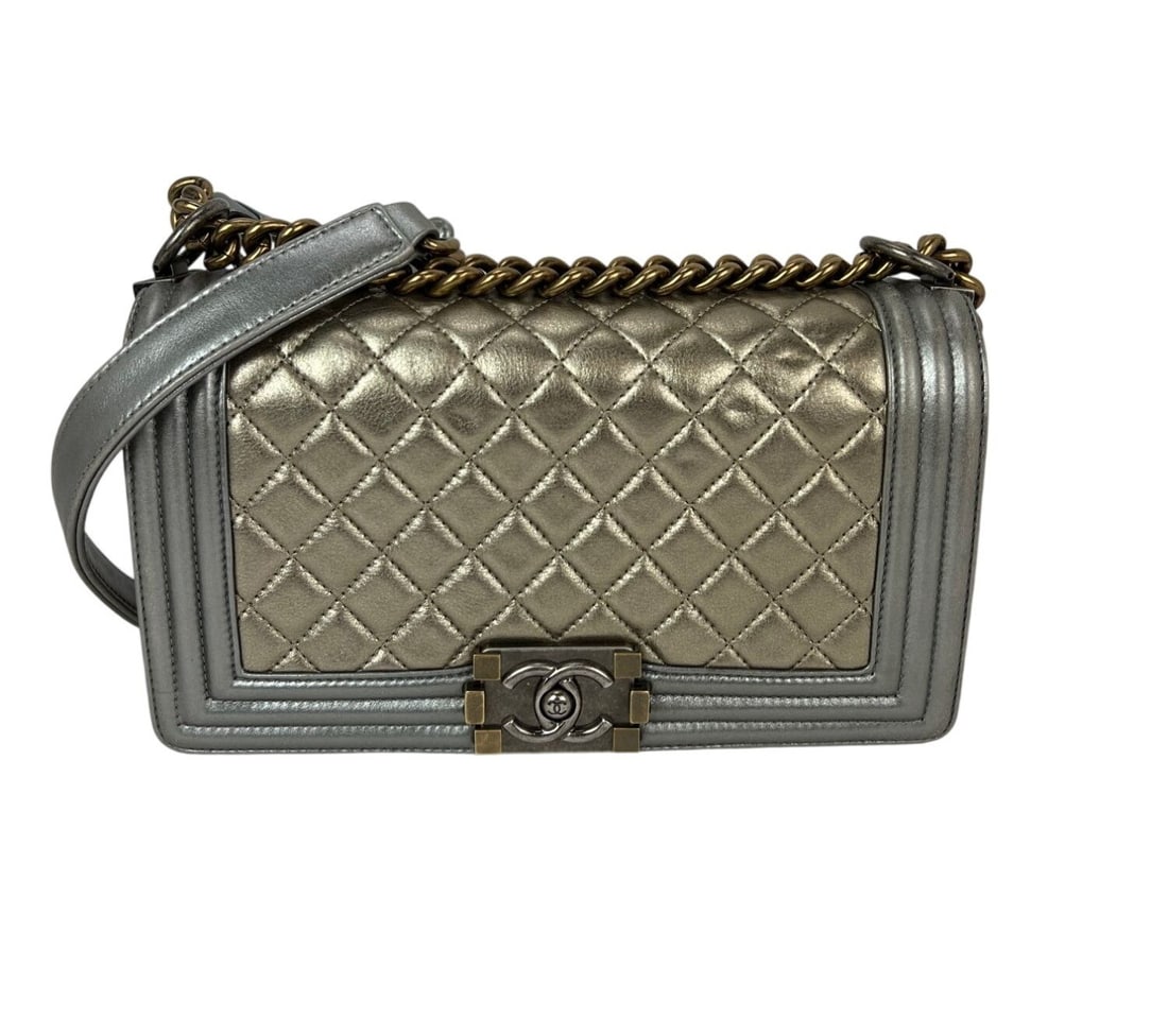 Chanel Boy medium quilted metallic calfskin shoulder bag khaki silver: Chanel Boy medium quilted metallic calfskin shoulder bag khaki silver This Chanel Medium Boy Flap bag features a metallic calfskin leather exterior in a silver hue with a quilted argyle/diamond patter