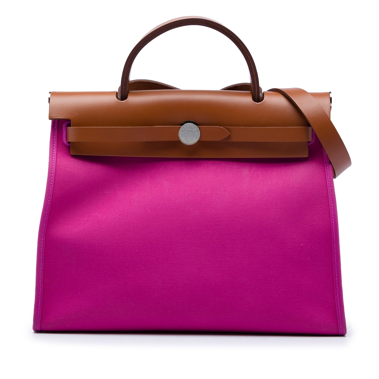Hermes Herbag Zip 31 pink toile shoulder bag: Hermes Herbag Zip 31 pink toile shoulder bag The Hermes Herbag Zip 31 is a structured bag with a fabric body, leather top handle, and leather shoulder strap. It features a front leather flap with a pu