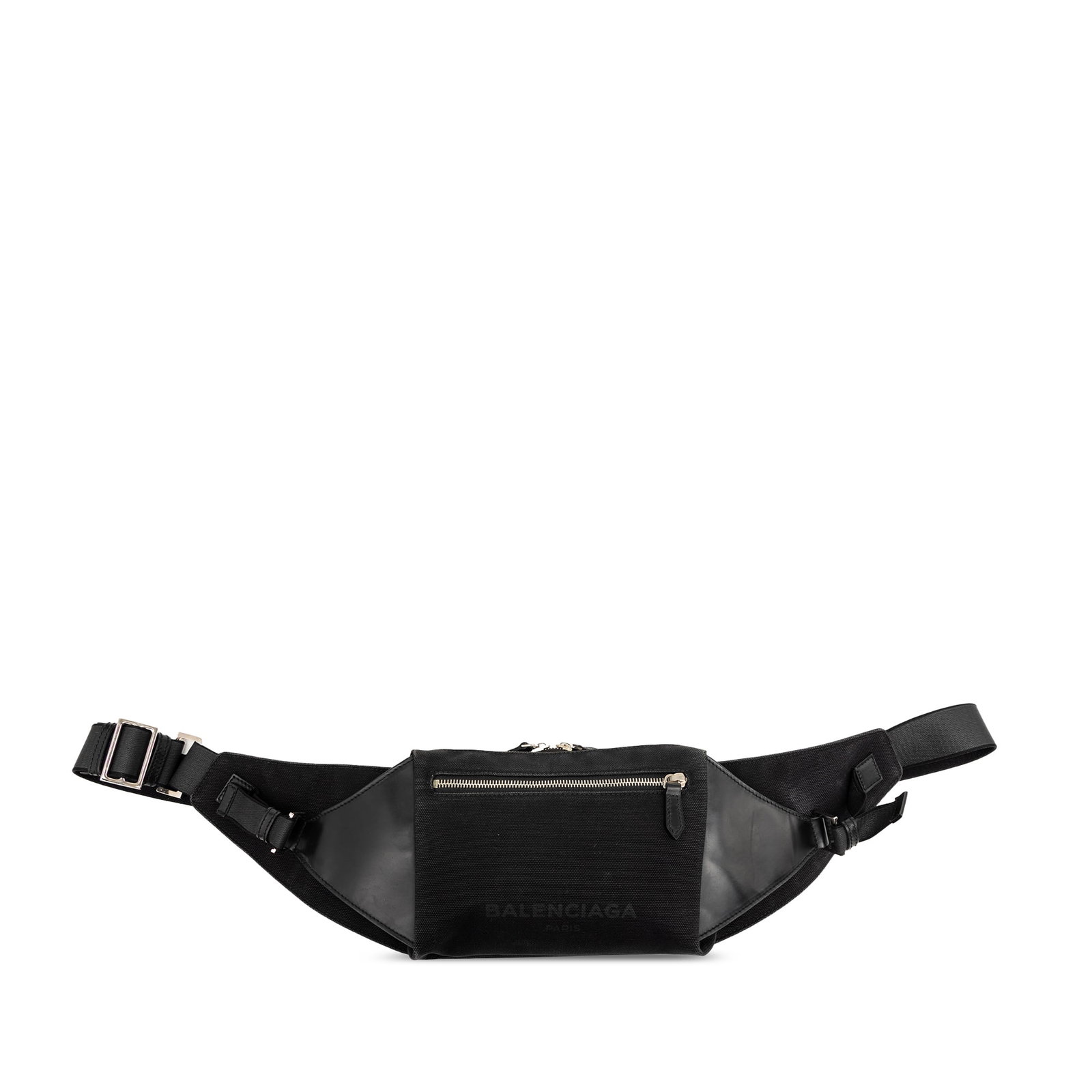 Balenciaga Neo Lift belt bag in black canvas leather: Balenciaga Neo Lift belt bag in black canvas leather Balenciaga Neo Lift belt bag in black, featuring a canvas and leather body with an adjustable flat waist strap, top zip closure, exterior front zip