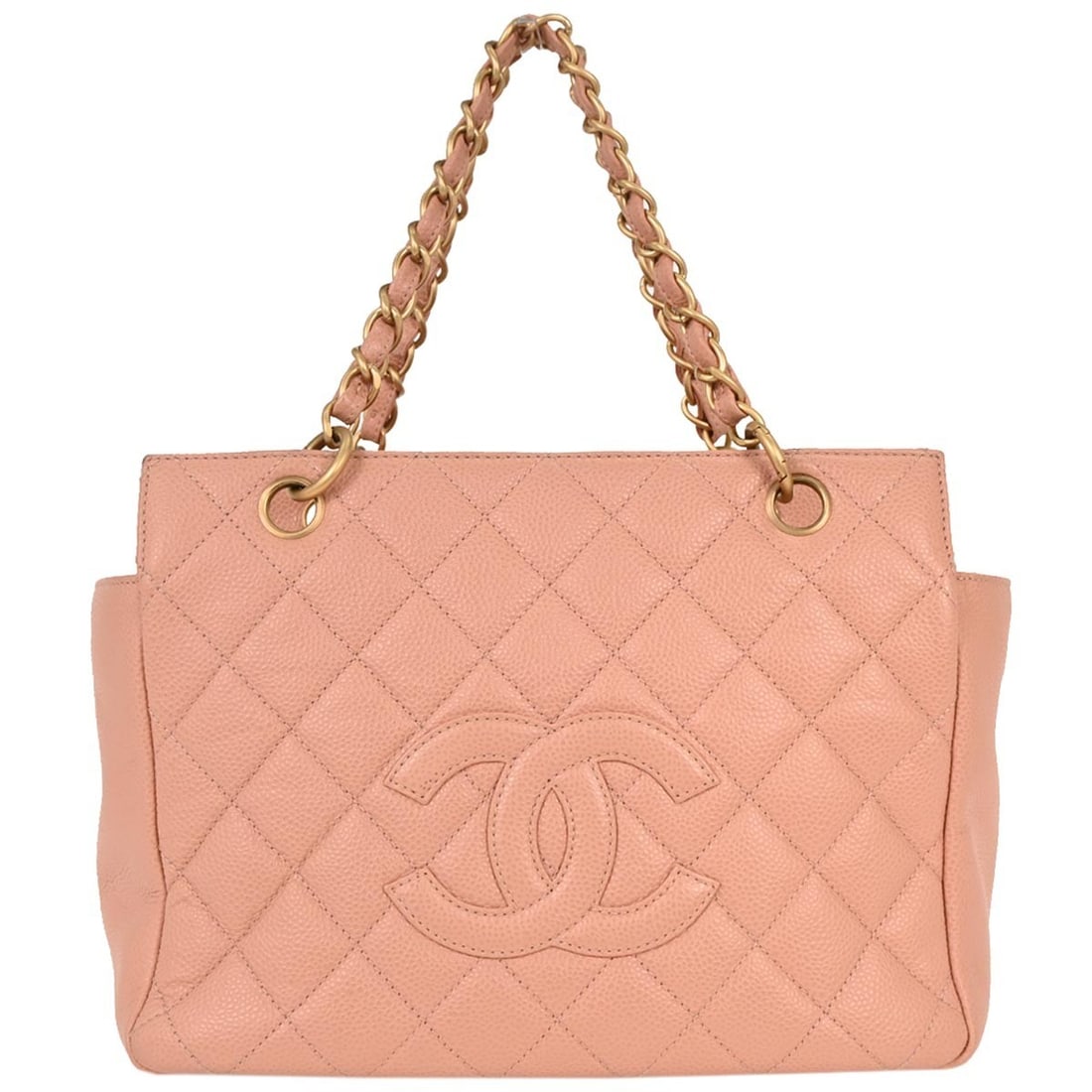 CHANEL Chain Hand Tote Bag Pink Caviar Leather Quilted Purse: CHANEL Chain Hand Tote Bag Pink Caviar Leather Quilted Purse Pink Chanel tote handbag in caviar skin leather with quilted accents and chain handles. The bag features a zip closure, canvas lining, and 