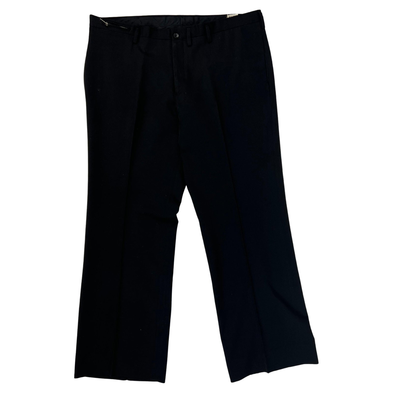 Black Wool Straight Leg Pants Made in Japan: Black Wool Straight Leg Pants Made in Japan Vintage black wool trousers pants with a straight fit and side and rear pockets. Made in Japan, they date to the late 20th century and are offered in good c