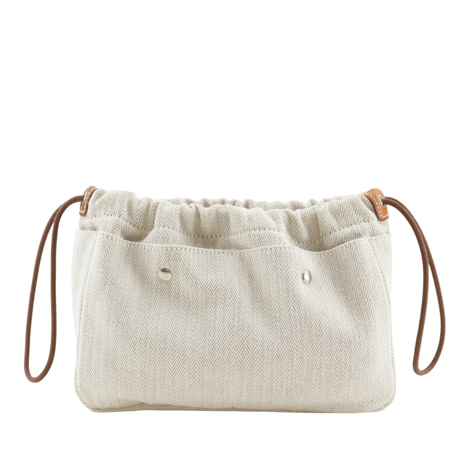 Hermes Fourbi 20 Drawstring Pouch in Toile and Barenia: Hermes Fourbi 20 Drawstring Pouch in Toile and Barenia Hermes Toile and Barenia Fourbi 20 pouch with a canvas body, open top, drawstring closure, and exterior slip pockets. Made in France. Condition i